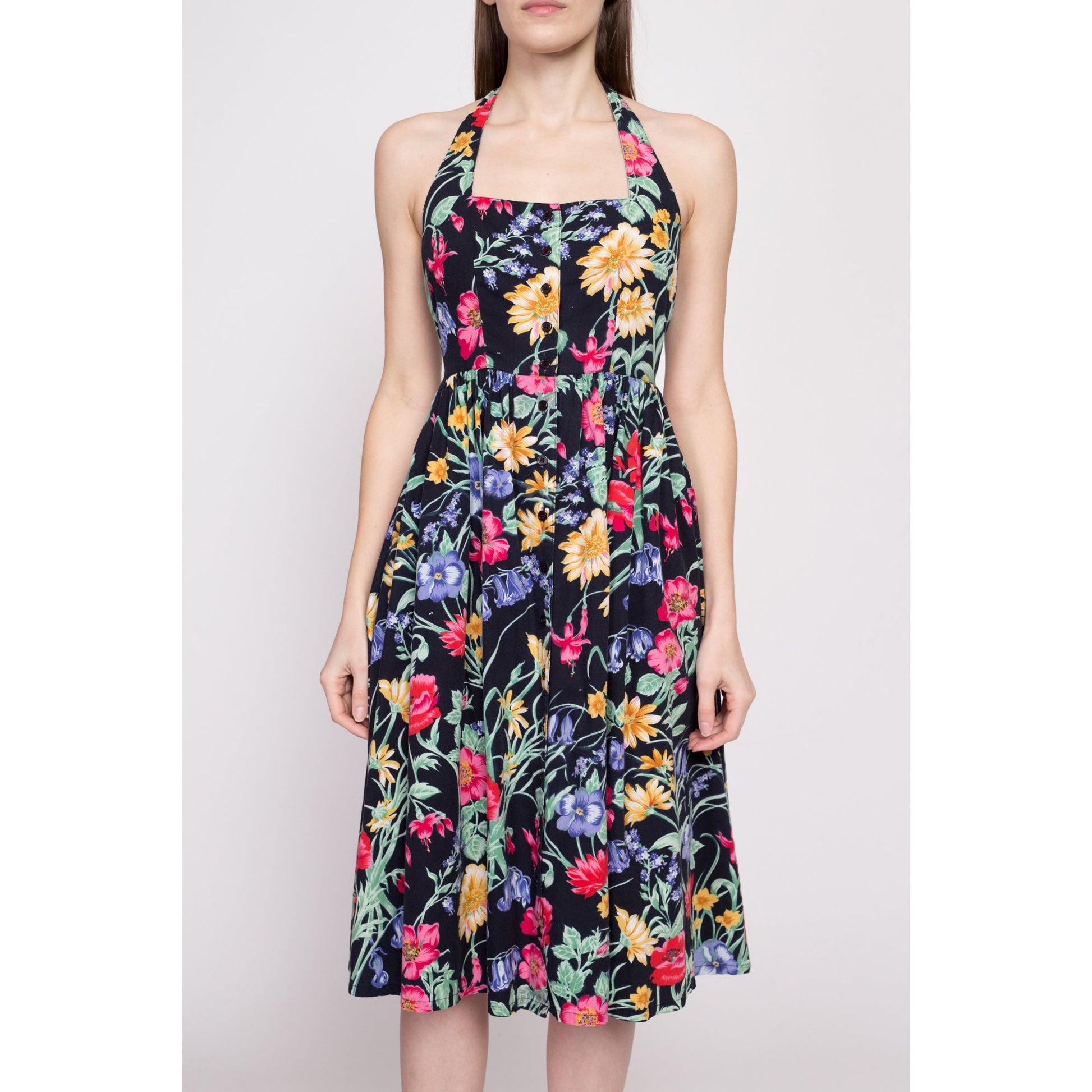 80s Black Floral Fit & Flare Sundress - Extra Small