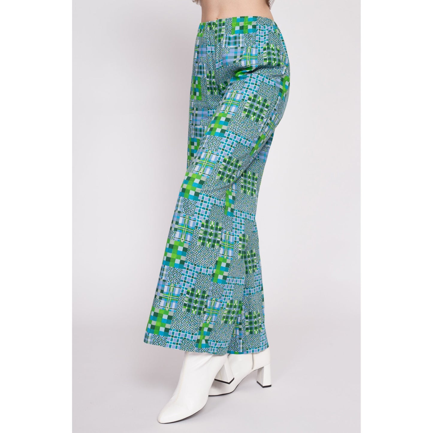 70s Checkered Geometric Print Pants - Small to Medium | Vintage High Waisted Blue Green Handmade Cotton Lounge Pants