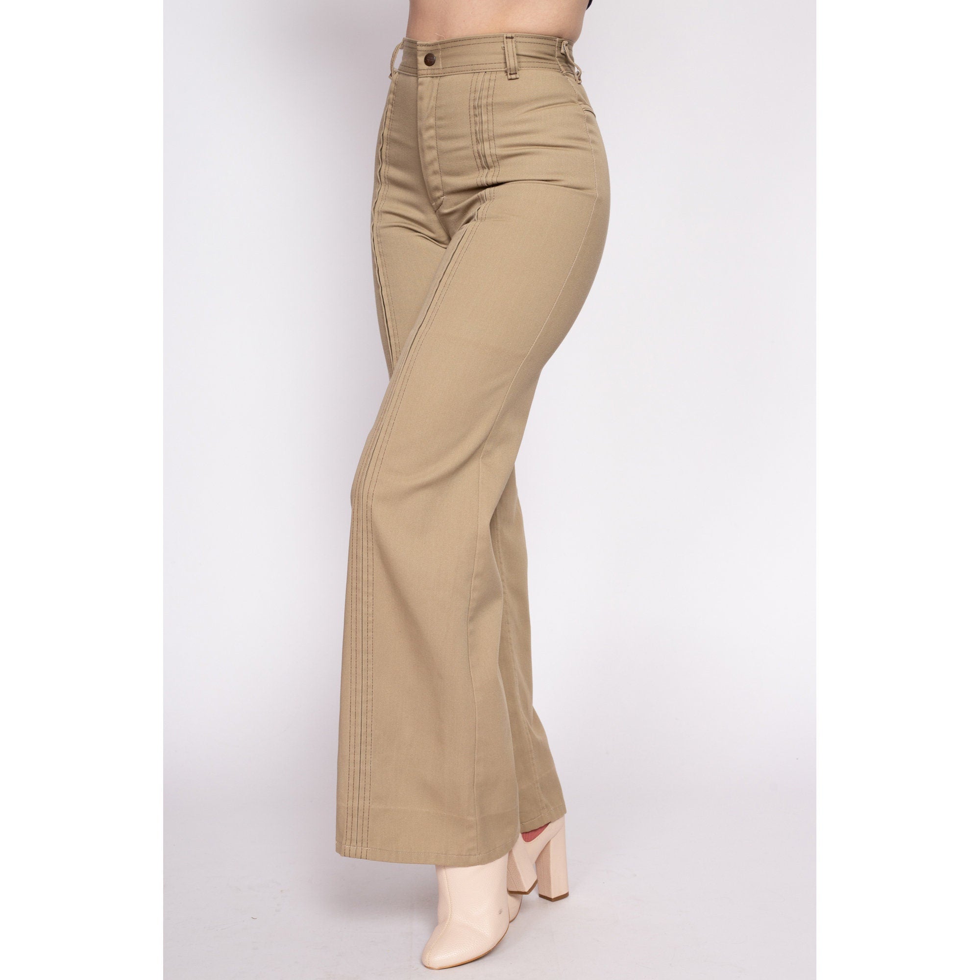 70s Khaki Saddleback Flared Pants - Small, 25.5