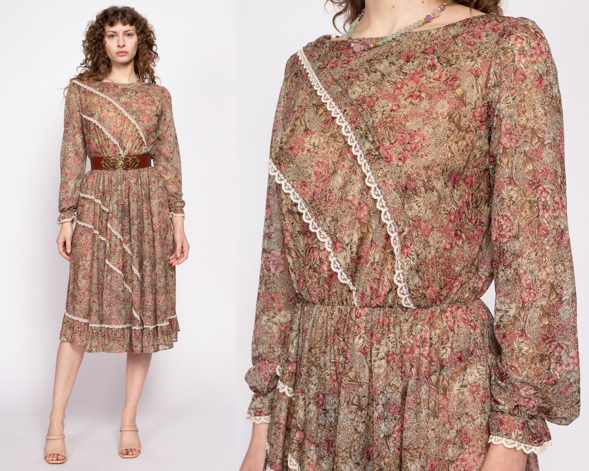 Flying Apple Vintage 70s Boho Brown Floral Prairie Midi Dress Medium