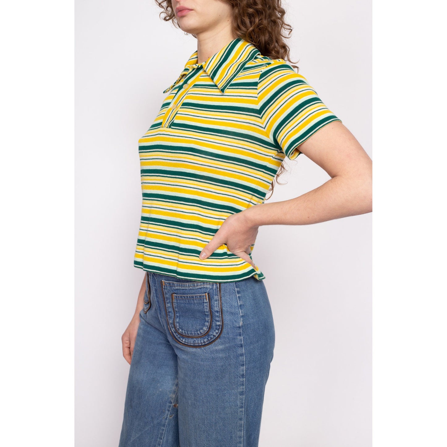 70s Yellow & Green Striped Cropped Polo Shirt - Large