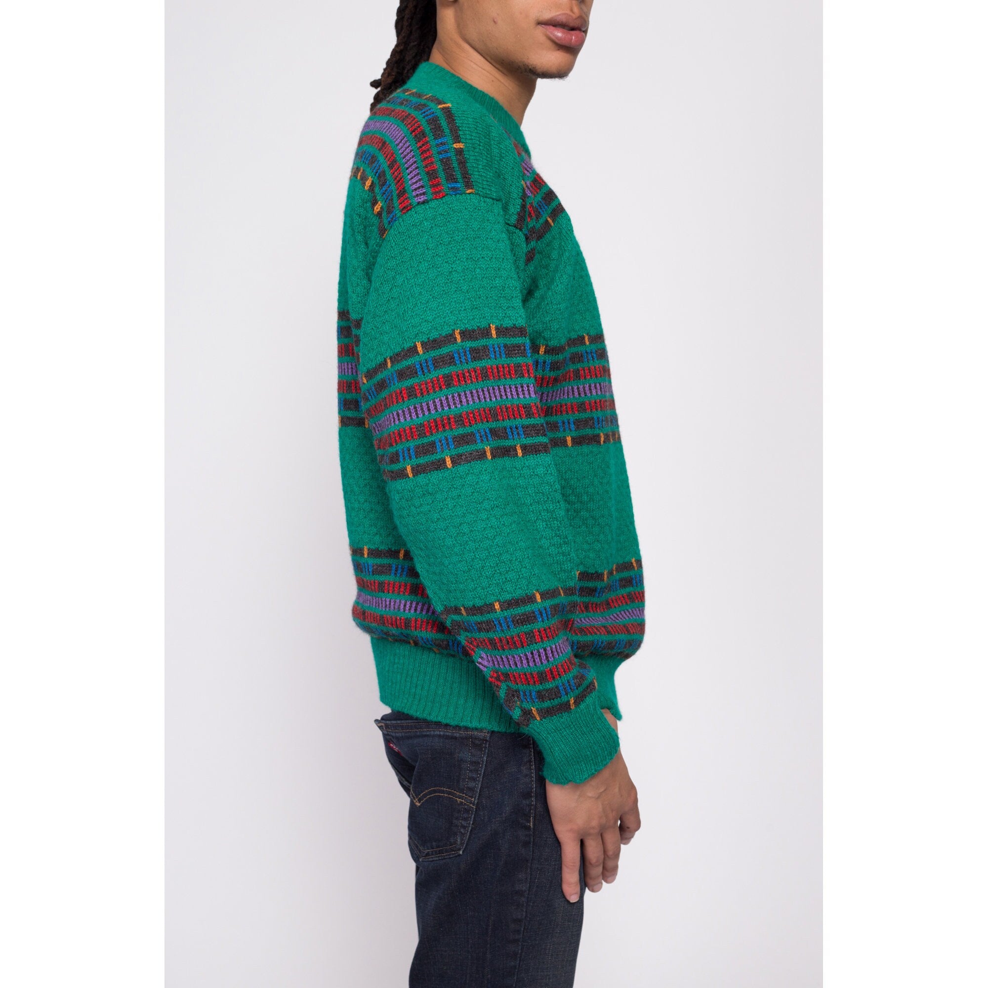 Alpaca Wool Striped Sweater, Green Crewneck Pullover, Made in Peru offers