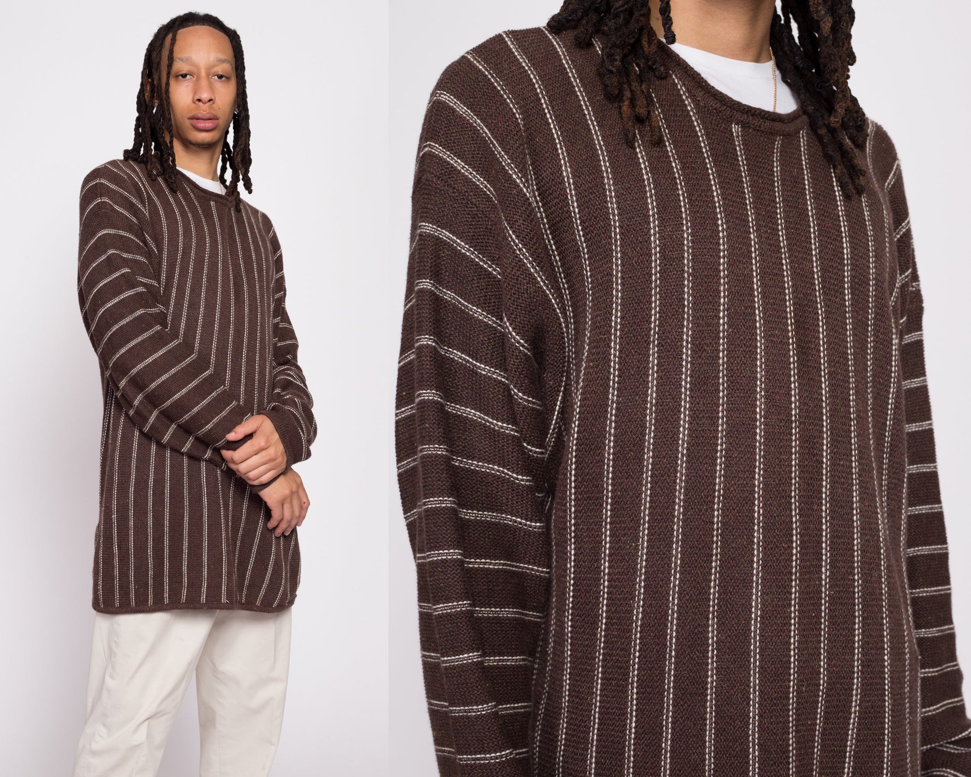 90s Brown & White Striped Tunic Sweater - Men's Medium to Large – Flying  Apple Vintage