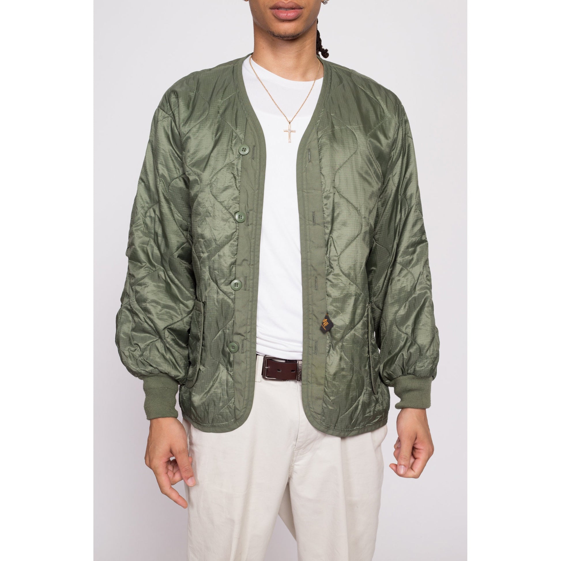 90s Alpha Industries Army Men\'s Quilted Apple Large Flying Vintage Jacket - –