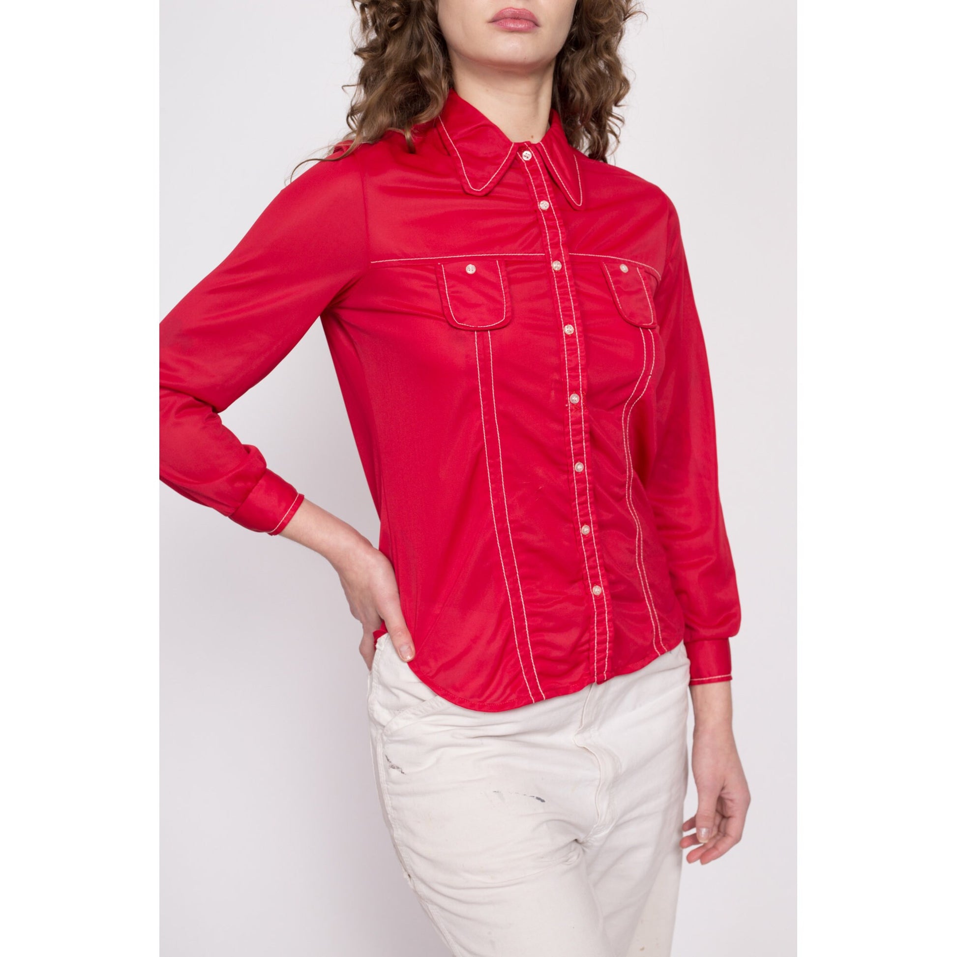 70s Mod Red Button Up Top - Extra Small