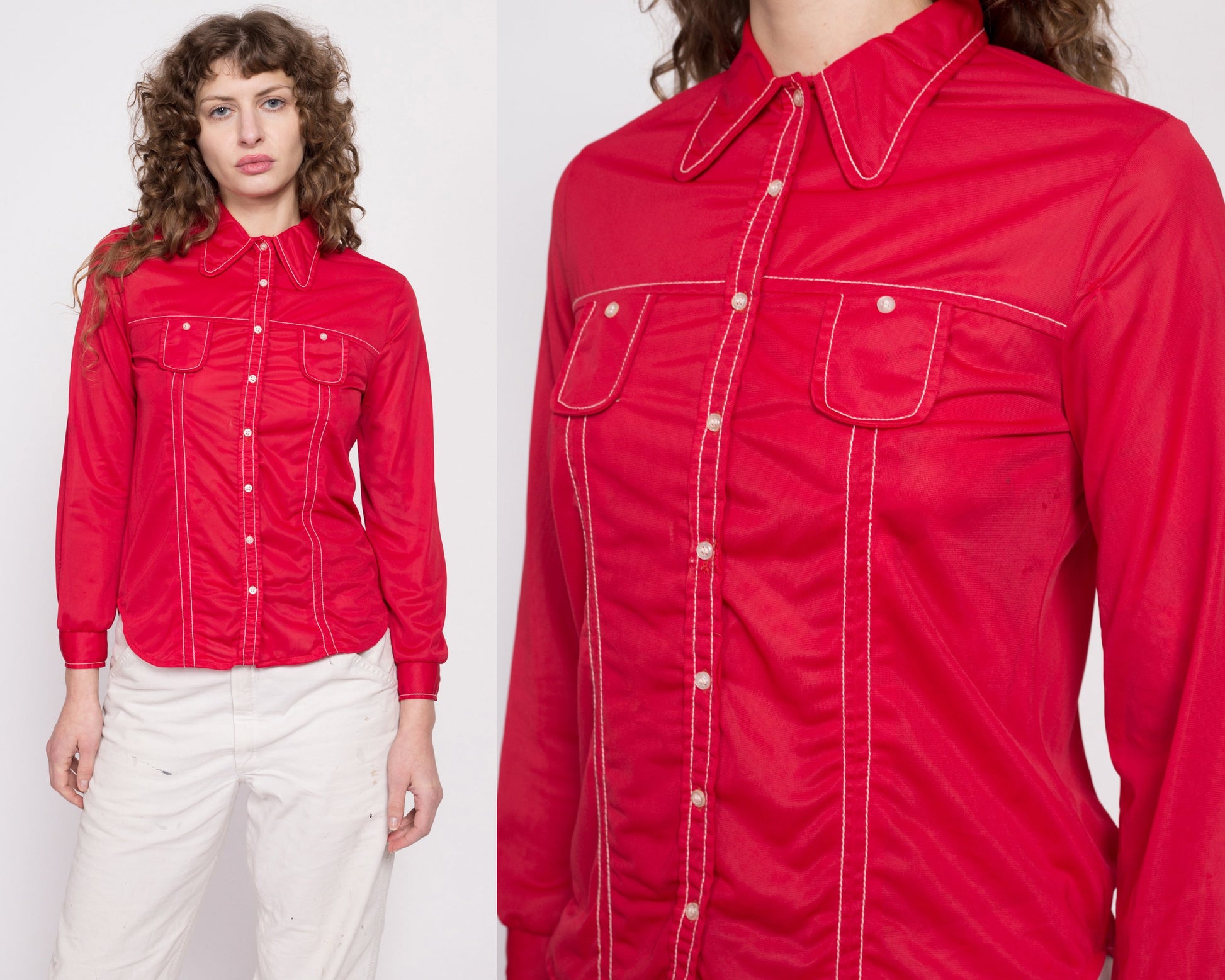 70s Mod Red Button Up Top - Extra Small