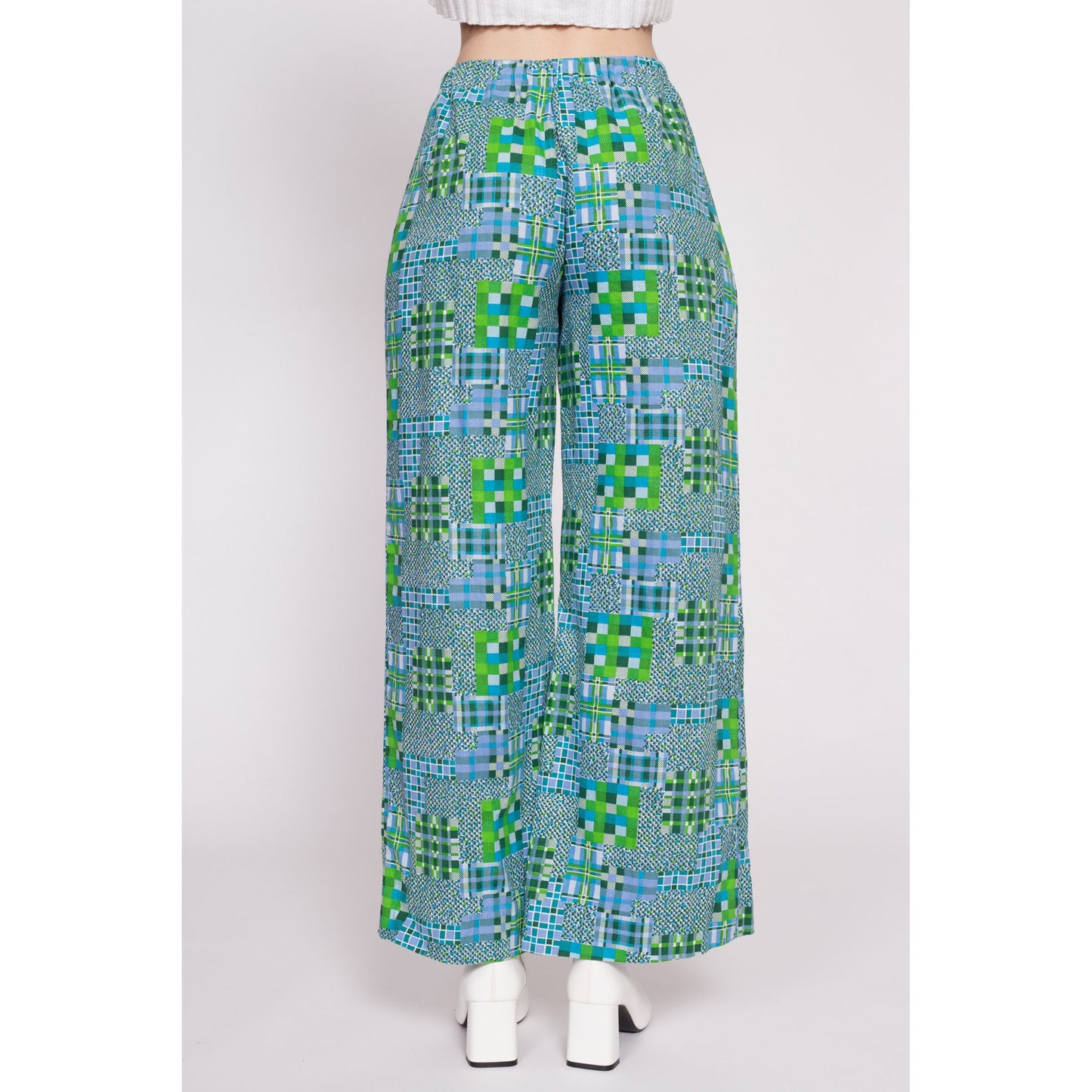 70s Checkered Geometric Print Pants - Small to Medium | Vintage High Waisted Blue Green Handmade Cotton Lounge Pants