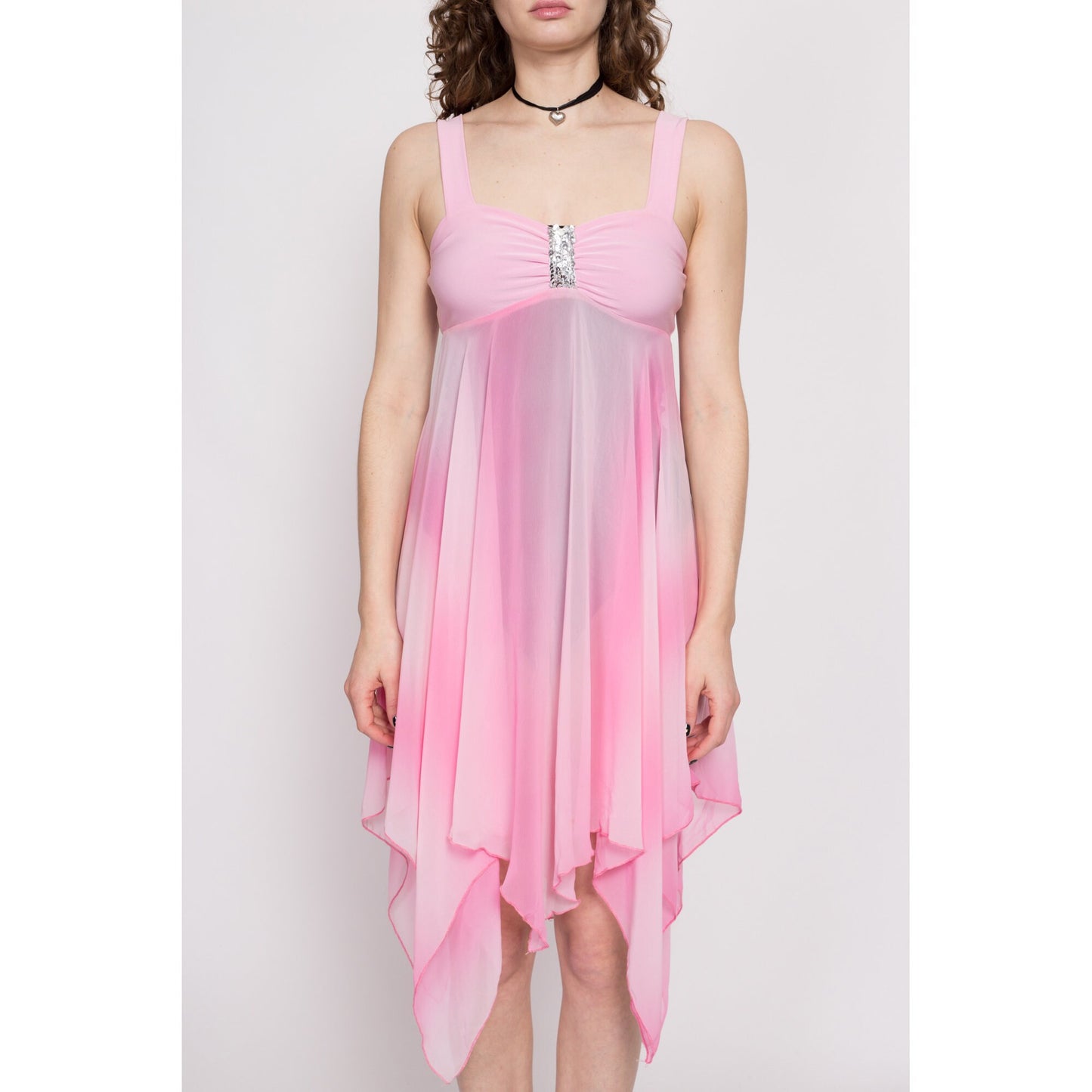 Y2K Sheer Pink Scarf Hem Dress - Small to Medium | Tie Dye Sequin Trim 2000s Midi Hanky Party Dress
