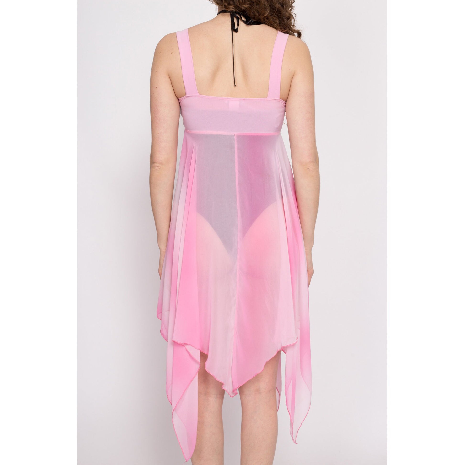 Y2K Sheer Pink Scarf Hem Dress - Small to Medium | Tie Dye Sequin Trim 2000s Midi Hanky Party Dress