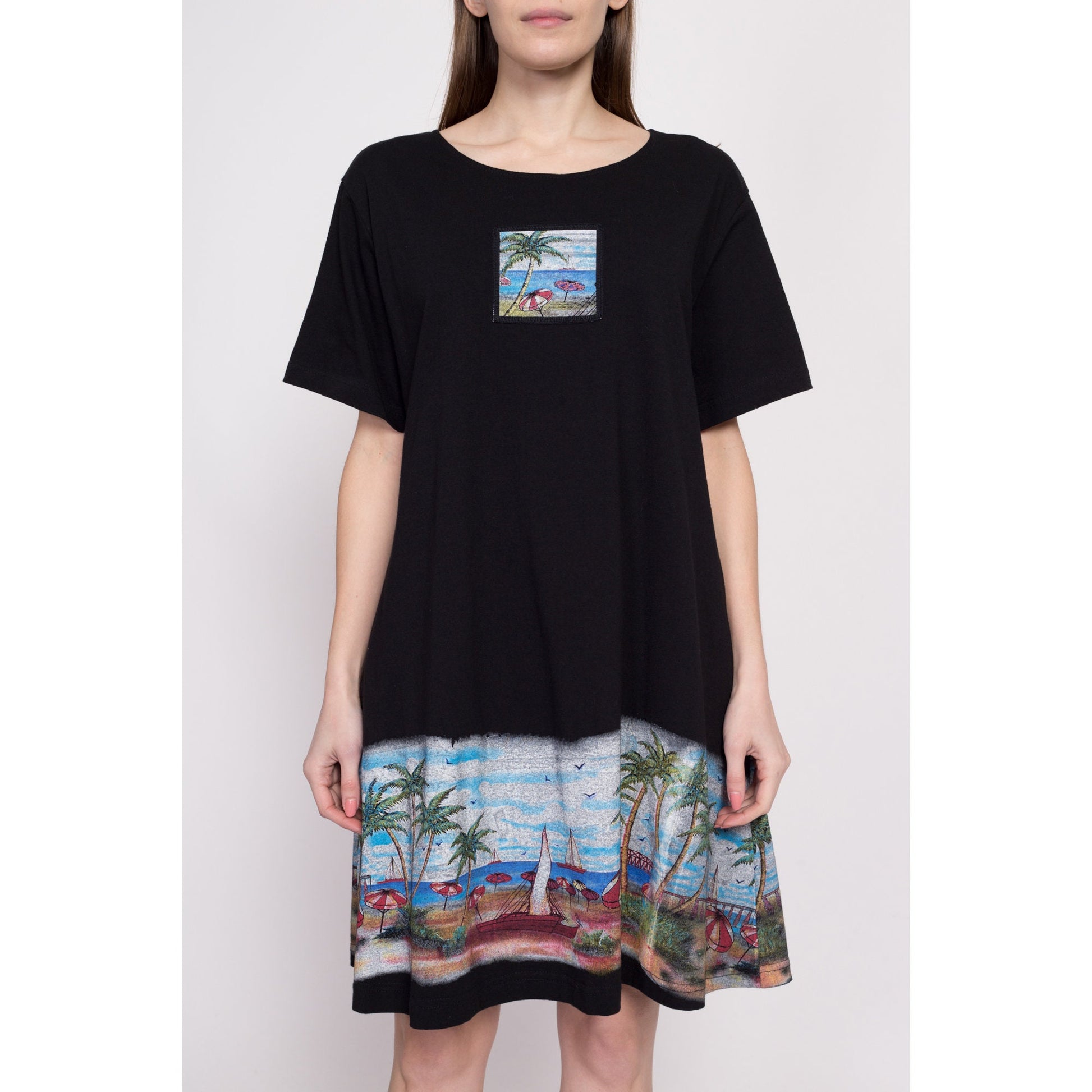 90s Painted Beach Scene Graphic T Shirt Dress - Large – Flying