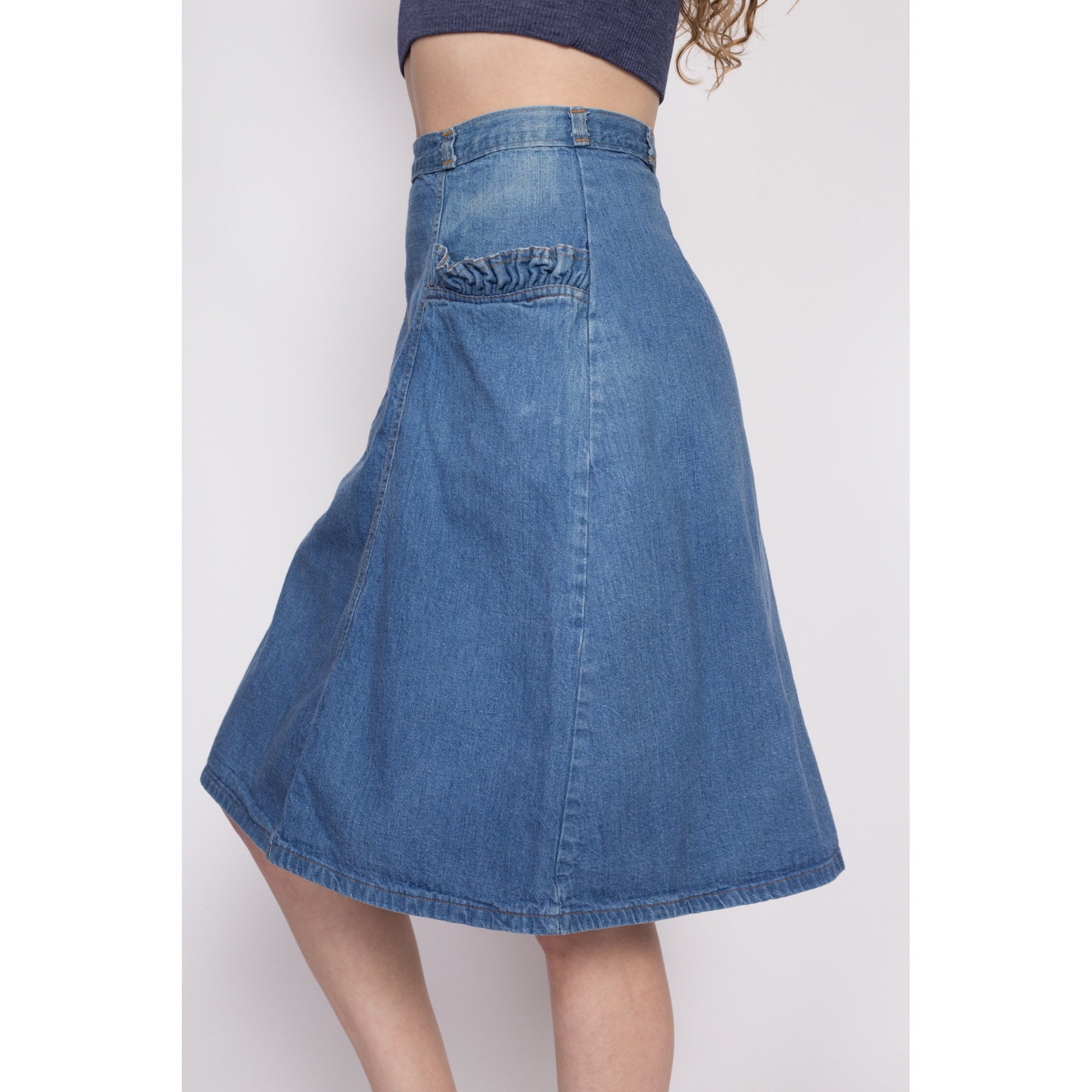 70s Denim Ruffle Pocket A-Line Skirt - Small, 27