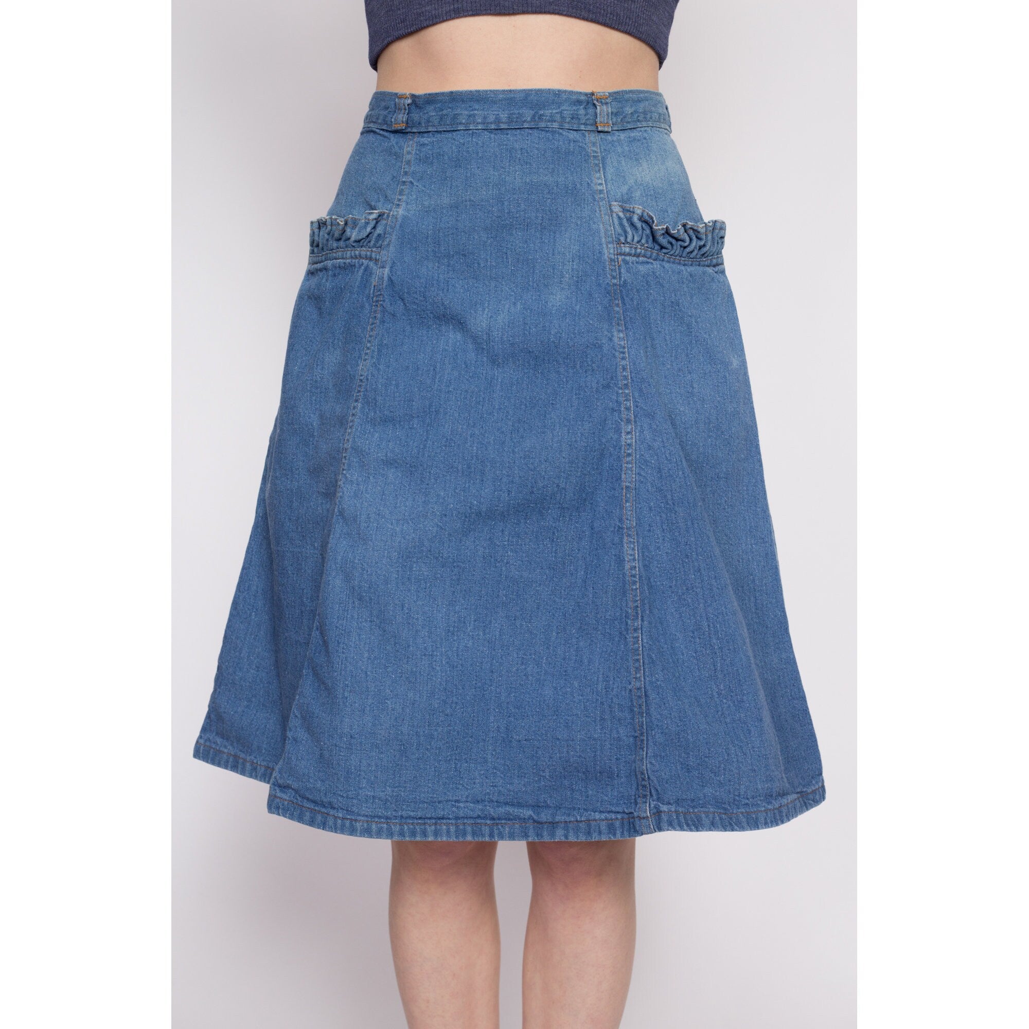 70s Denim Ruffle Pocket A Line Skirt Small 27 Flying Apple Vintage