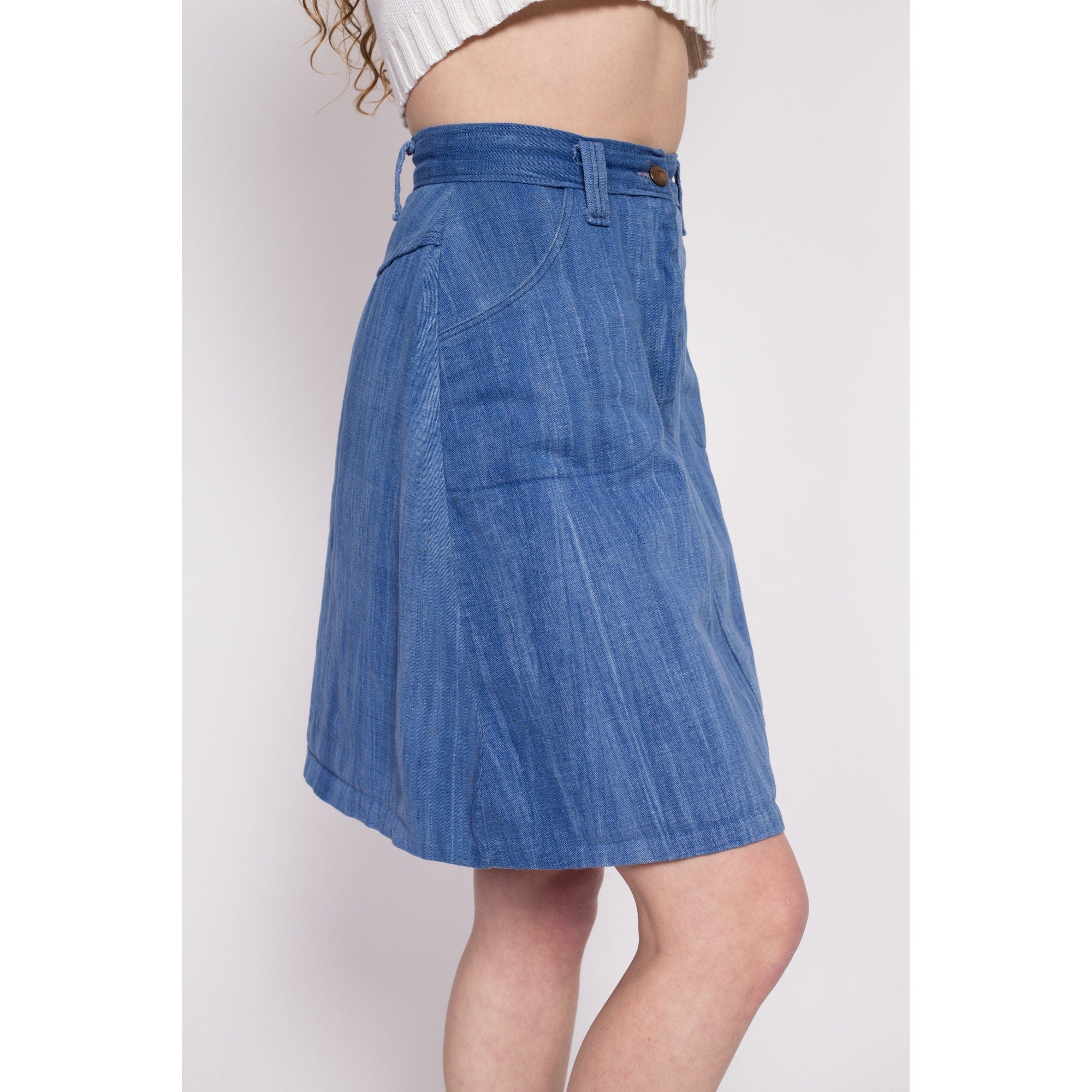 70s Boho Denim A Line Mini Skirt Small 26