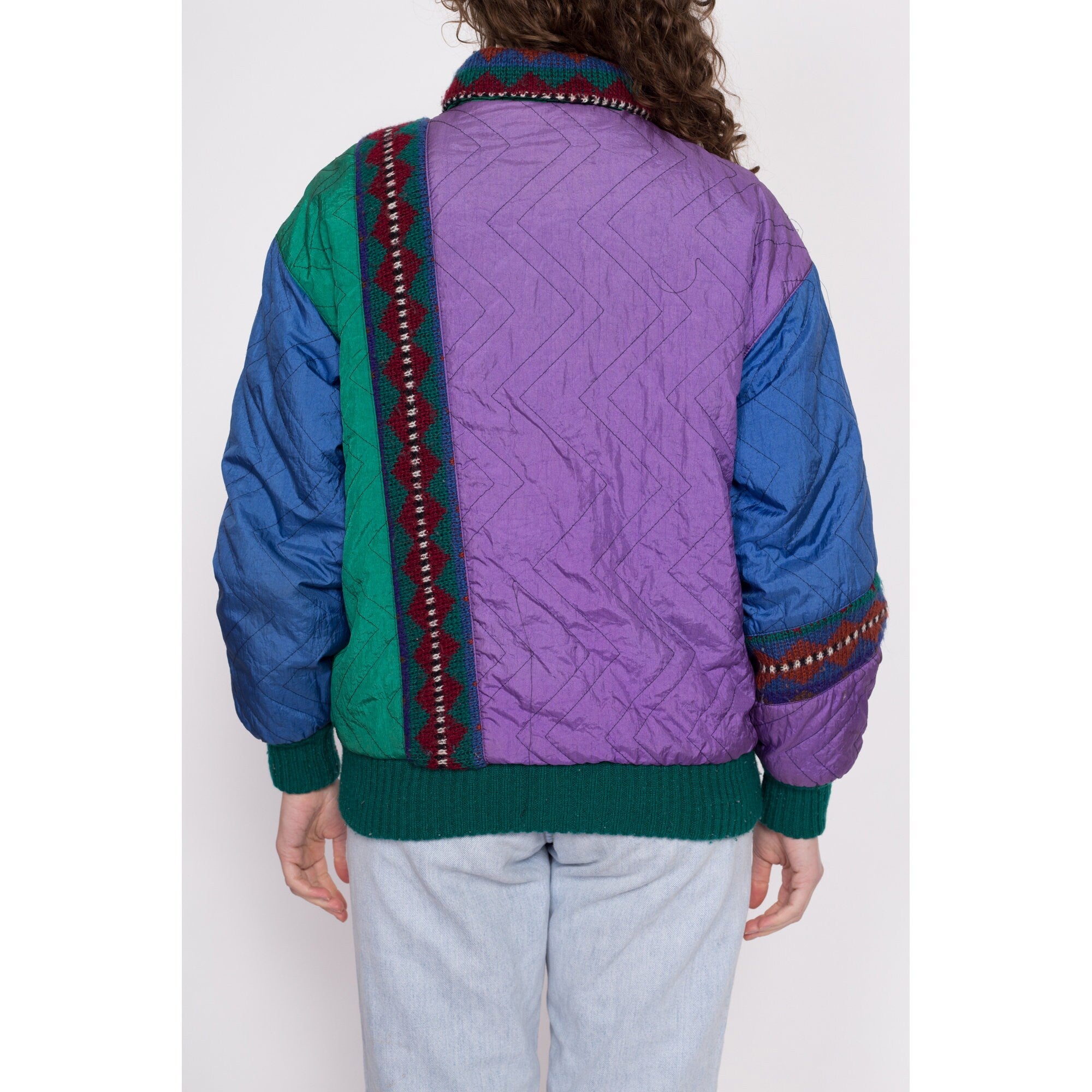 80s Color Block & Geometric Knit Reversible Jacket - Large ...