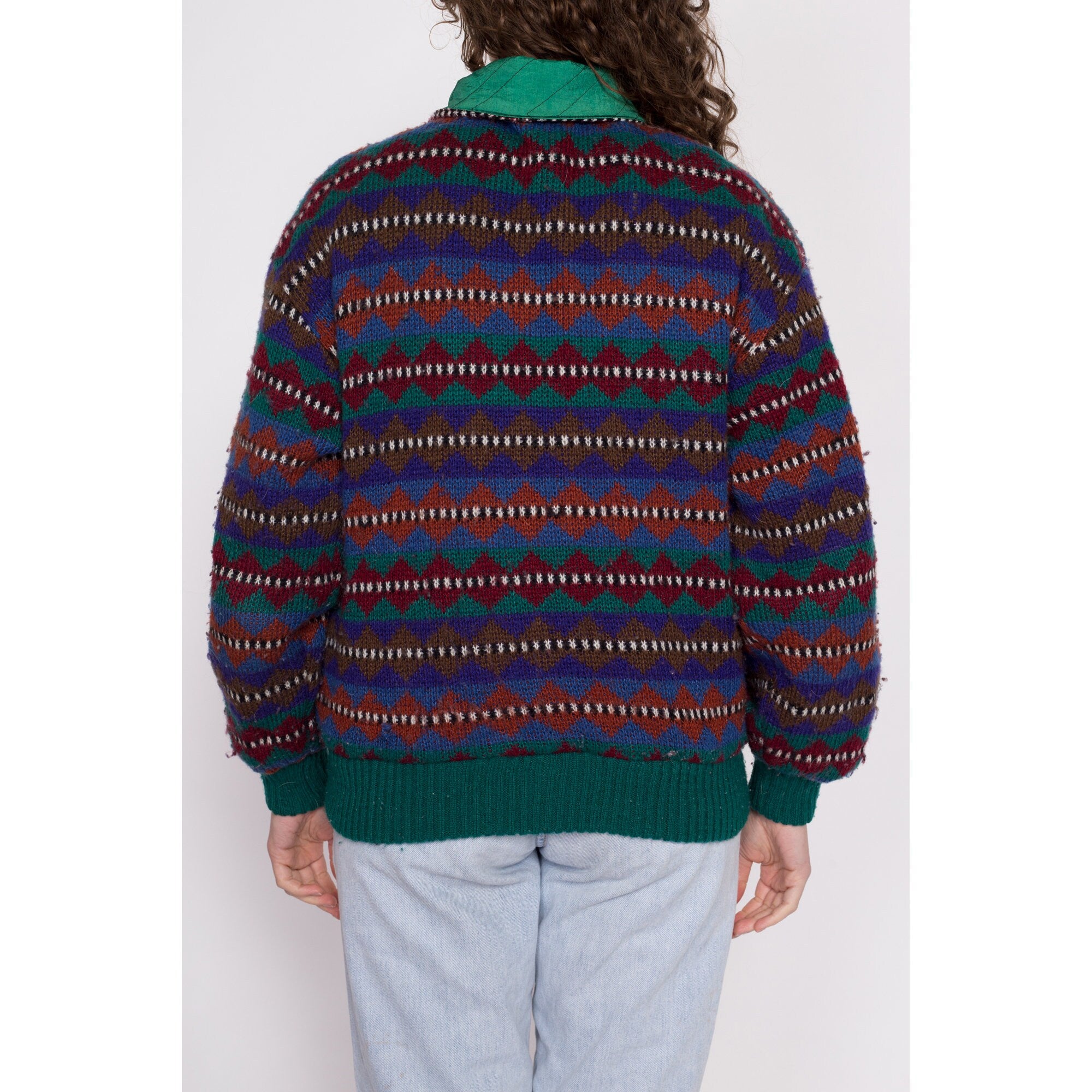 80s Color Block & Geometric Knit Reversible Jacket - Large