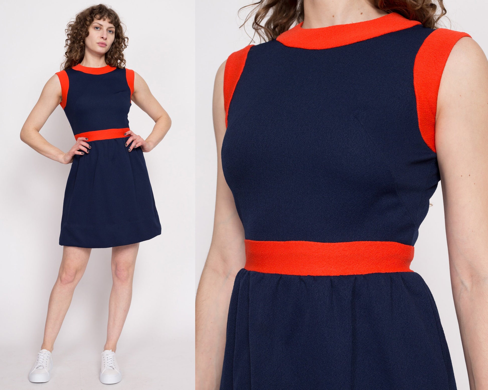 60s 70s Mod Navy Blue Color Block Mini Dress - Small – Flying