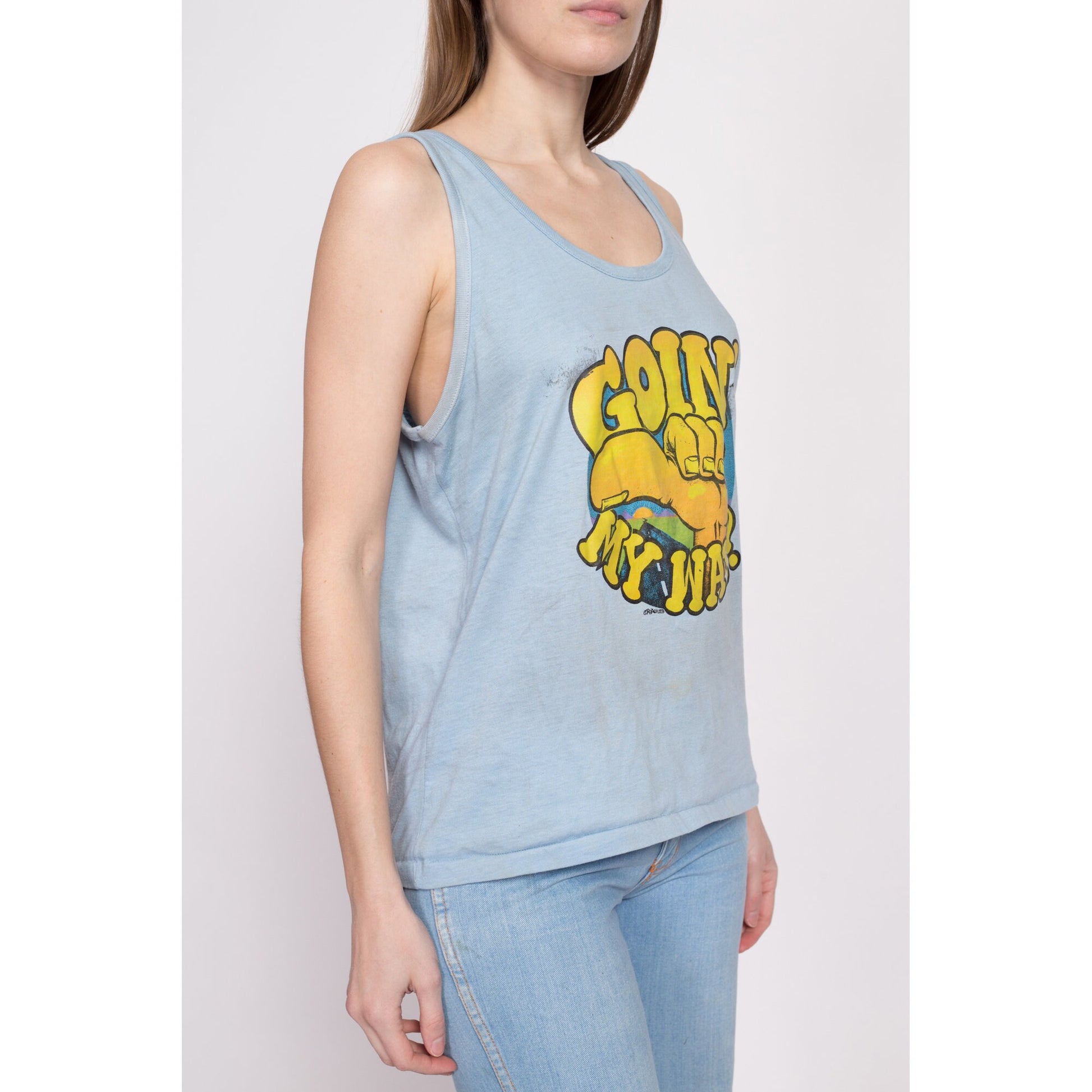 70s "Goin My Way?" Distressed Tank Top - Men's Medium, Women's Large | Vintage Blue Roach Iron On Graphic Muscle Shirt