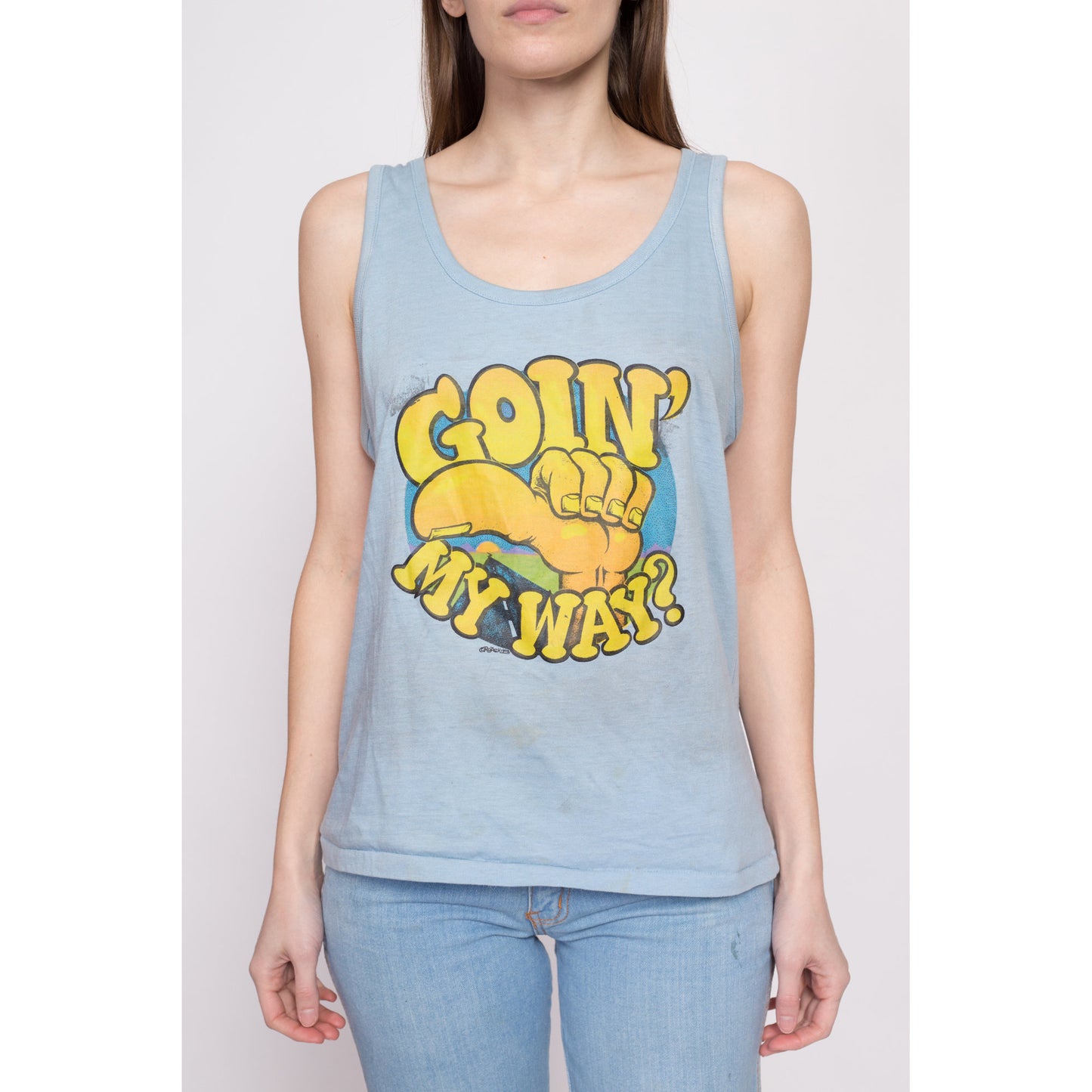 70s "Goin My Way?" Distressed Tank Top - Men's Medium, Women's Large | Vintage Blue Roach Iron On Graphic Muscle Shirt