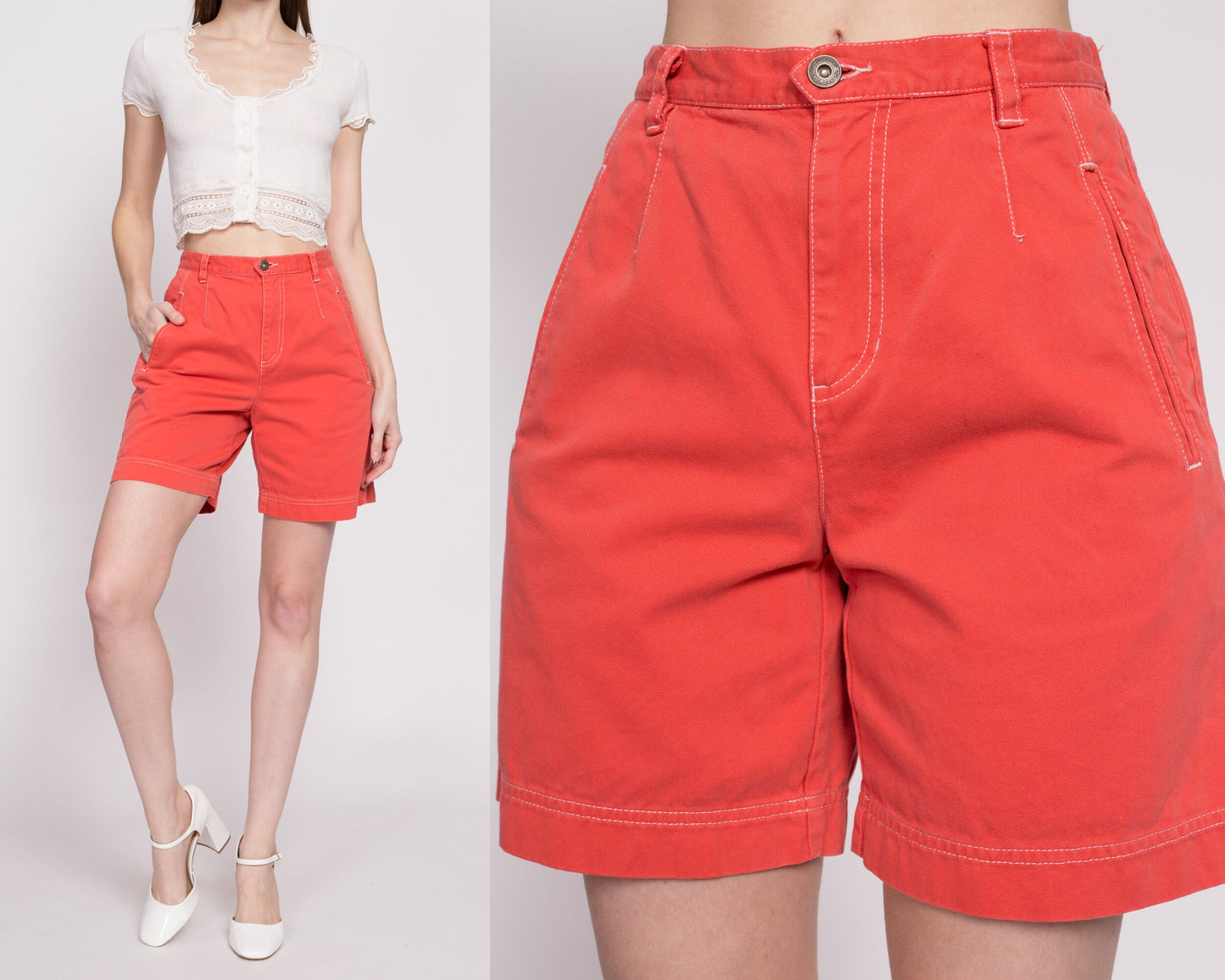 90s Lizwear Salmon High Waisted Shorts - Small, 26" | Vintage Liz Claiborne Soft Contrast Stitch Casual Mom Shorts