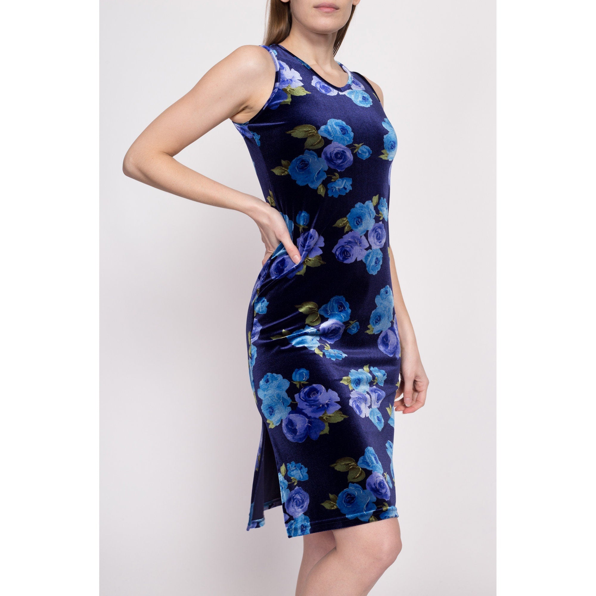 Blue floral cheap velvet dress