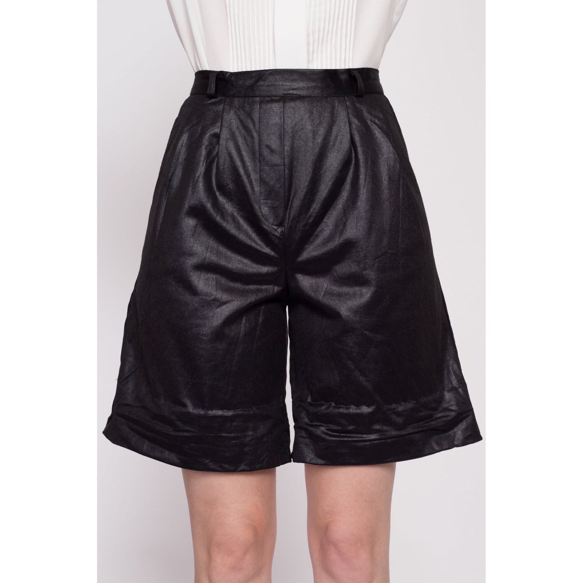 80s Shiny Black High Waisted Shorts - Small to Medium | Vintage Minimalist Plain Pleated Faux Leather Trouser Shorts