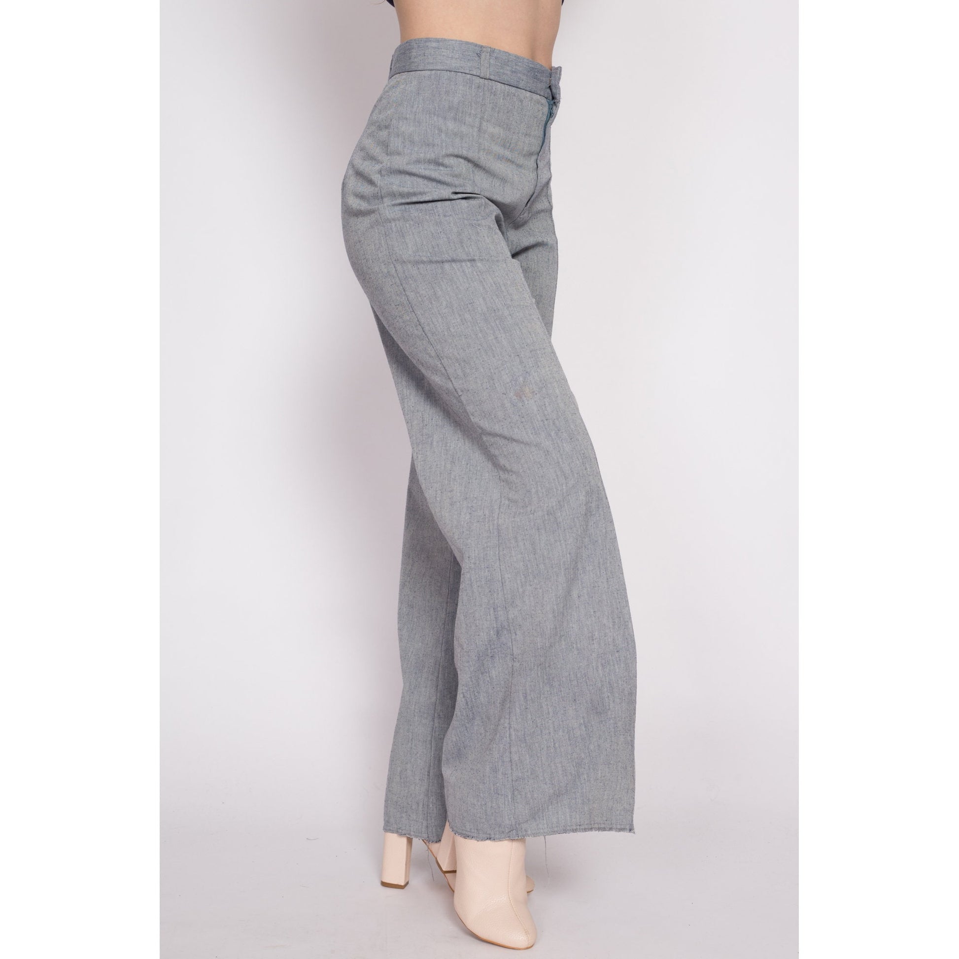 70s Grey High Waisted Wide Leg Pants - Medium, 28 – Flying Apple Vintage