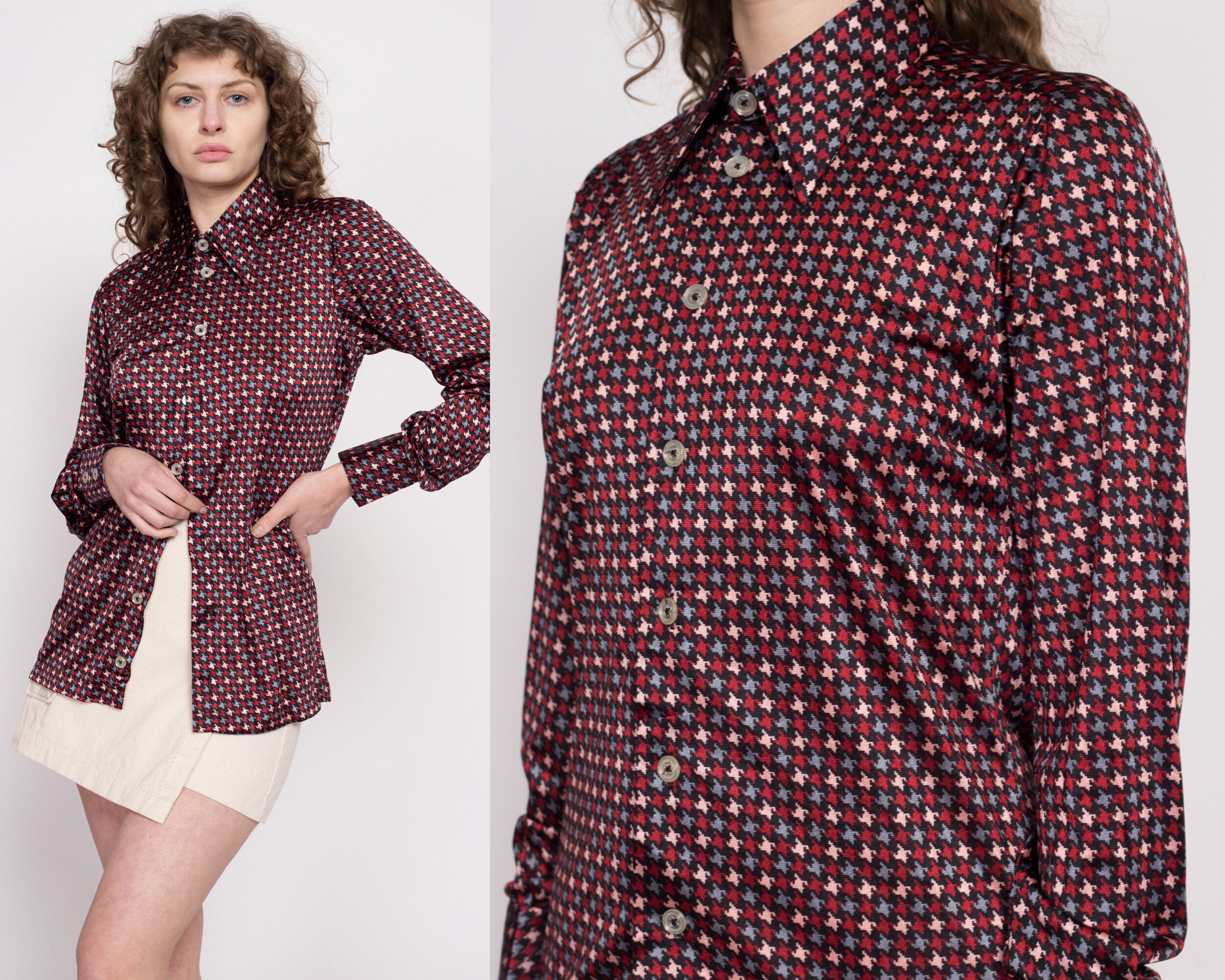 70s Givenchy For Chesa Satin Houndstooth Shirt - Men's Medium