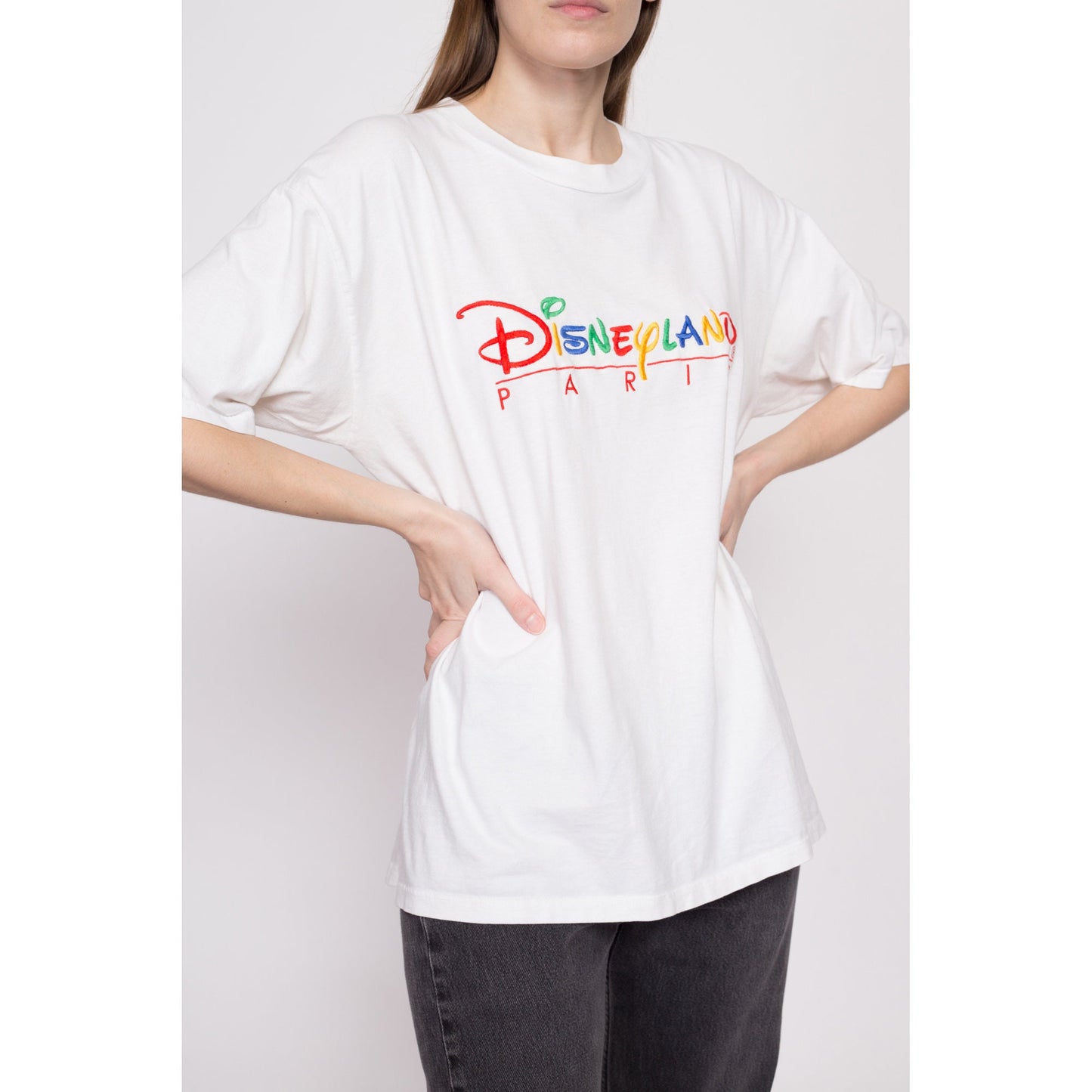90s Disneyland Paris T Shirt - Men's Large, Women's XL | Vintage White Embroidered Graphic Disney Tee