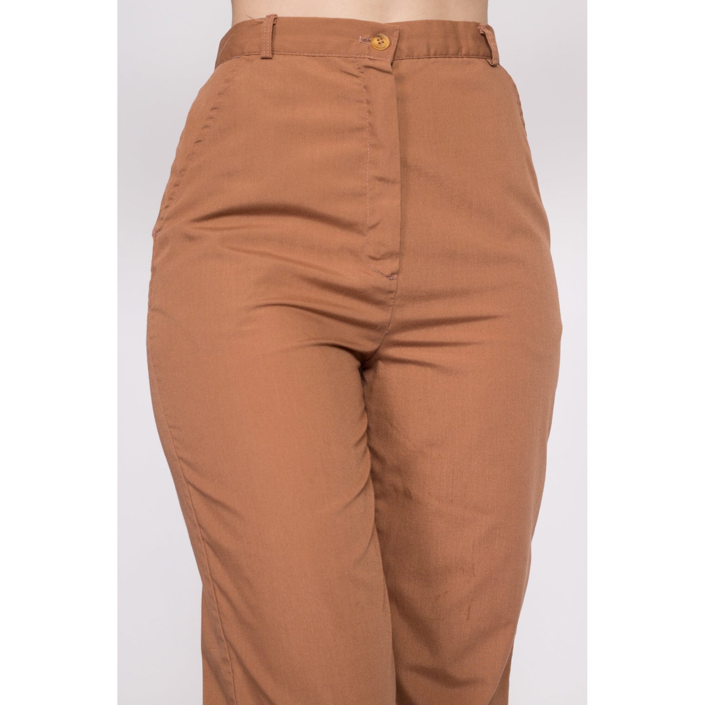 70s Cinnamon Brown High Waisted Pants - Small, 26" | Vintage Straight Leg Retro Plain Trousers