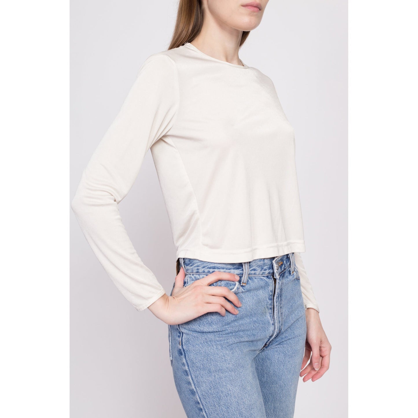 90s Slinky Long Sleeve Cropped Tee - Medium | Vintage Plain Scoop Neck Off-White Base Layer Crop Top