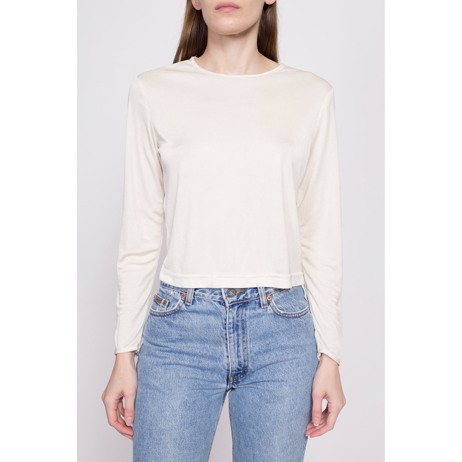 90s Slinky Long Sleeve Cropped Tee - Medium | Vintage Plain Scoop Neck Off-White Base Layer Crop Top