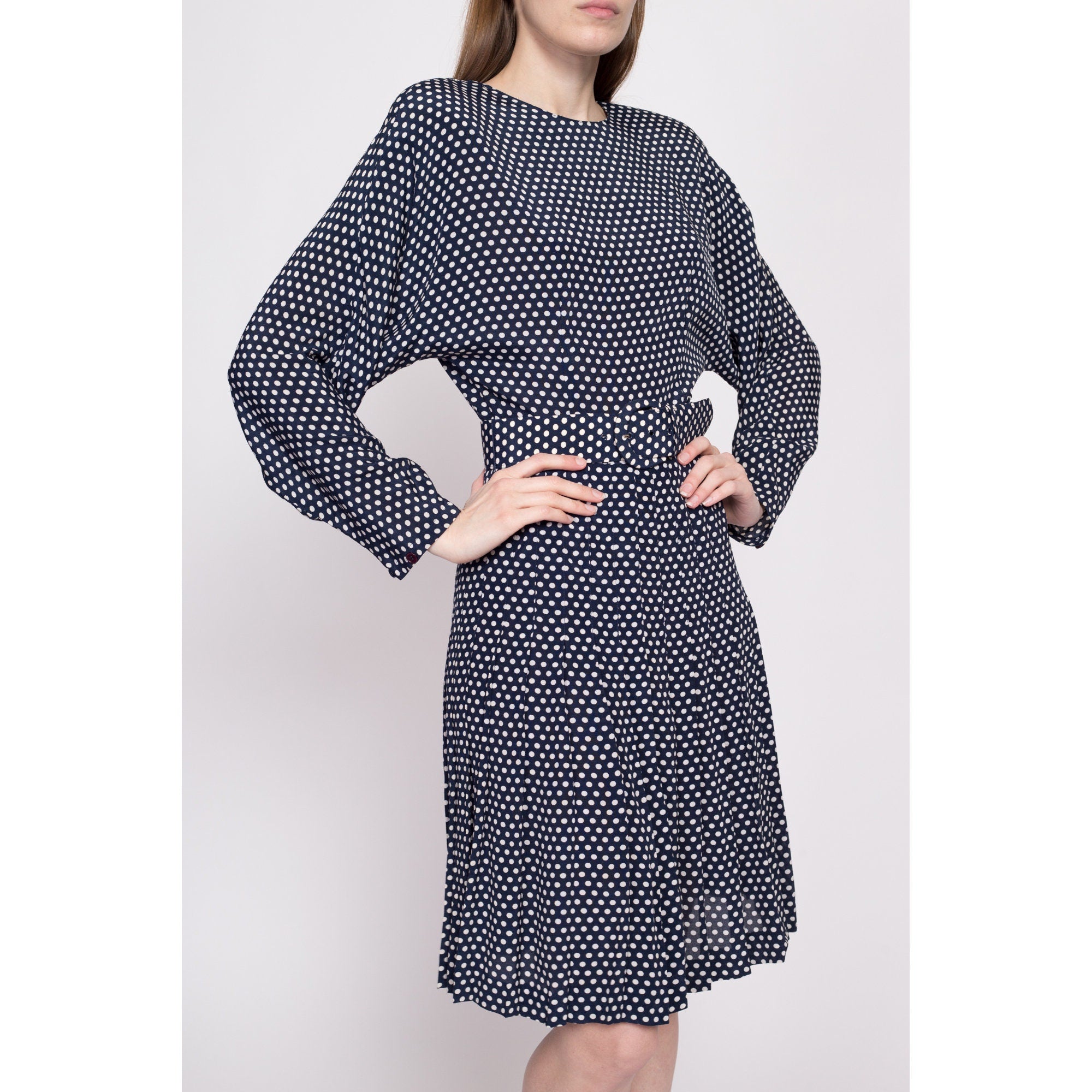 80s Polka Dot Belted Dolman Sleeve Dress - Small – Flying Apple