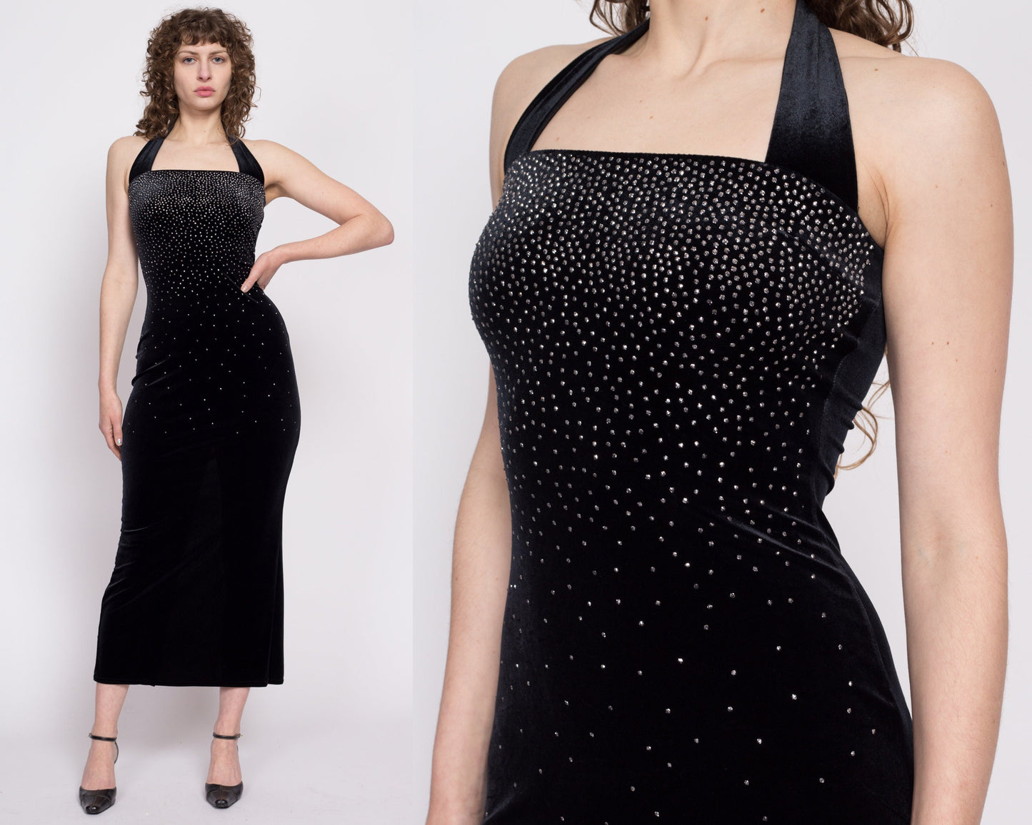 90s Y2K Sparkle Gradient Black Velvet Bodycon Dress - XS to Small | Vintage Scott McClintock Halter Gown