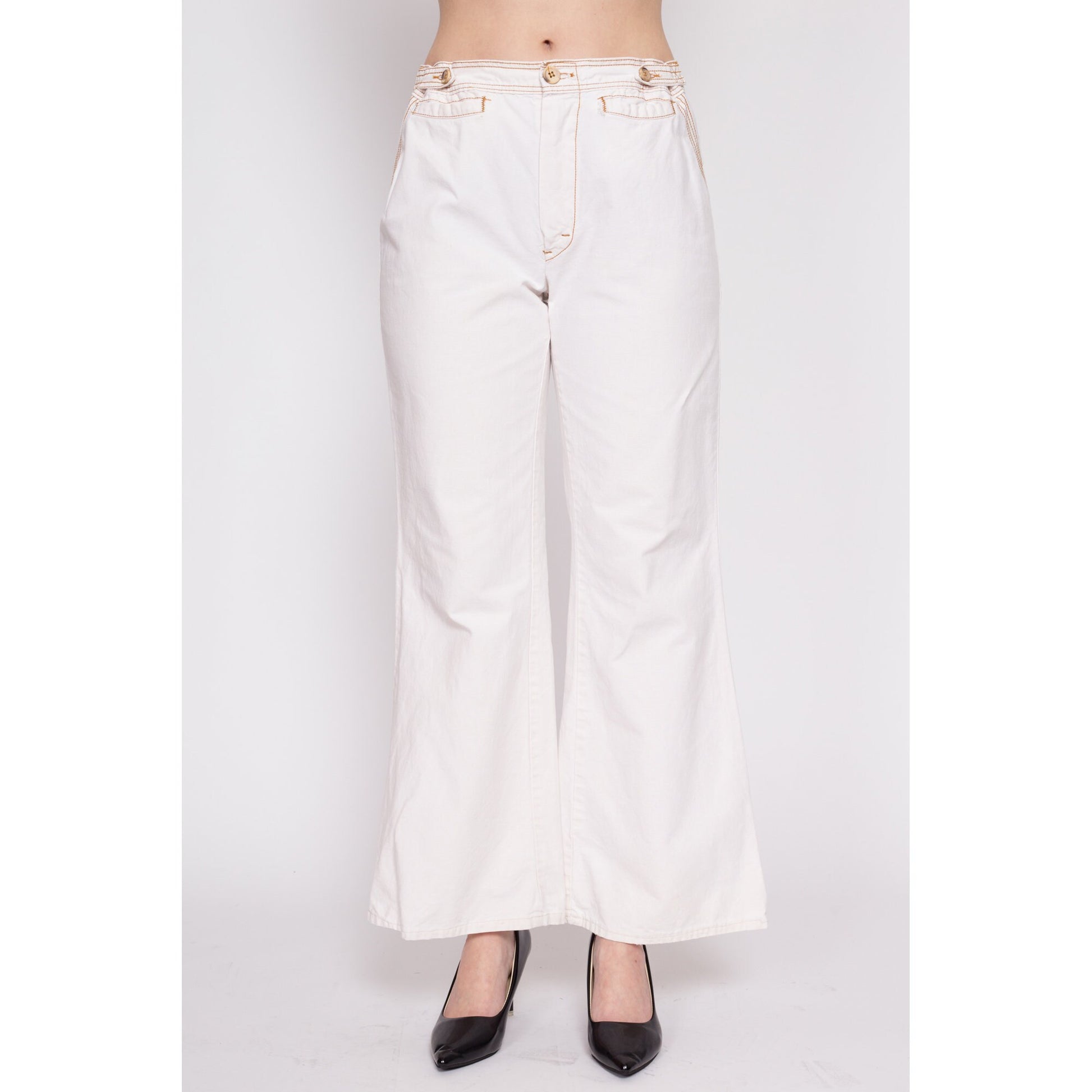 70s White Cotton Contrast Stitch Bell Bottoms - Men's Small, Women's M –  Flying Apple Vintage