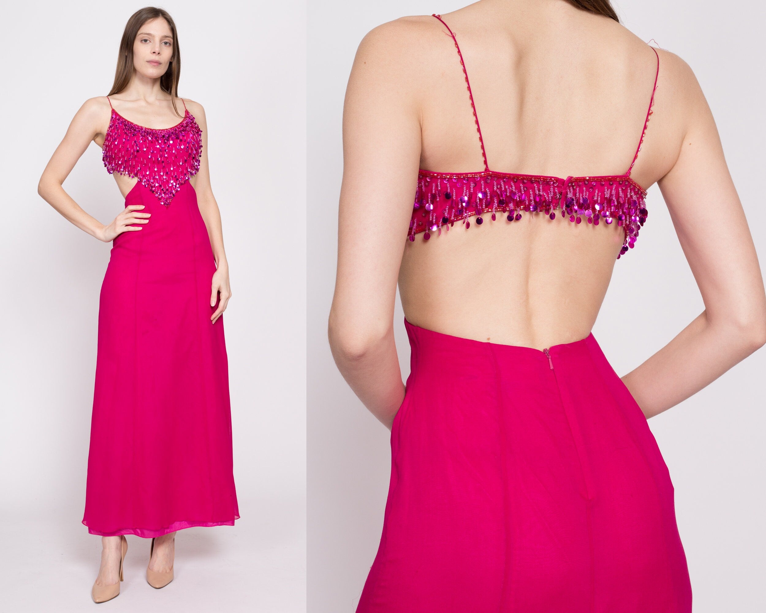 90s Hot Pink Silk Sequin Showgirl Evening Gown, As Is - Extra Small –  Flying Apple Vintage