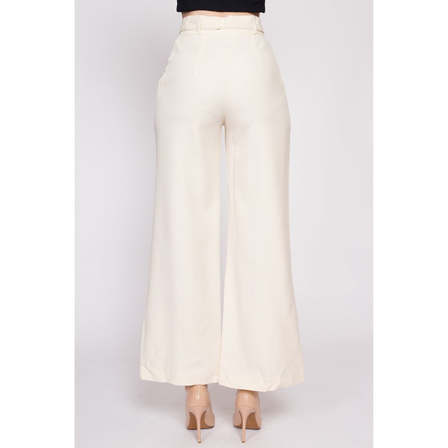 70s Ivory Belted Flares - Small, 26" | Vintage High Waisted Retro Polyester Flared Leg Trousers