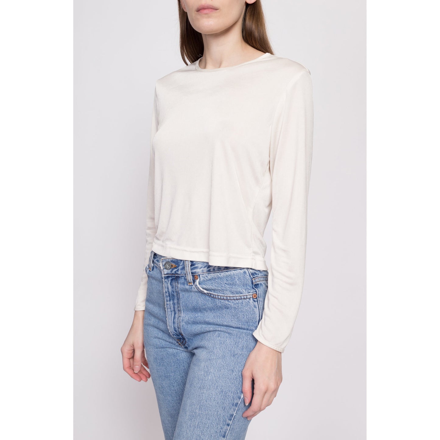 90s Slinky Long Sleeve Cropped Tee - Medium | Vintage Plain Scoop Neck Off-White Base Layer Crop Top