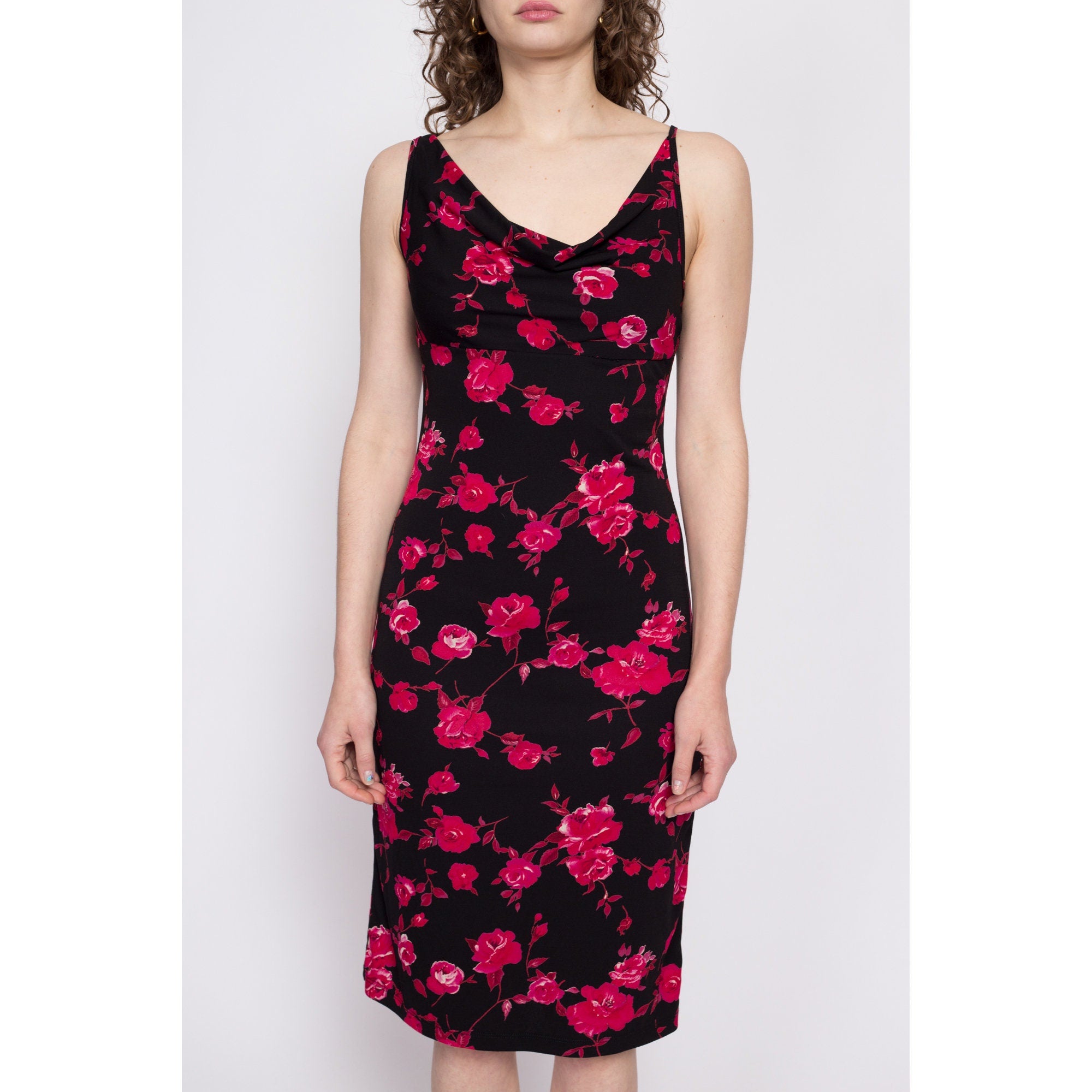 90s Black Rose Floral Cowl Neck Dress - Small to Medium – Flying