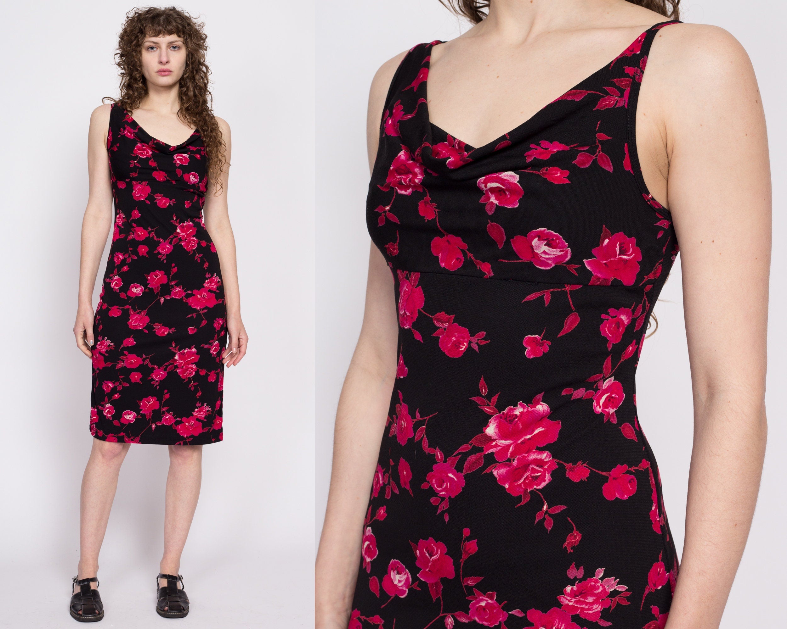 90s Black Rose Floral Cowl Neck Dress Small to Medium Flying Apple Vintage