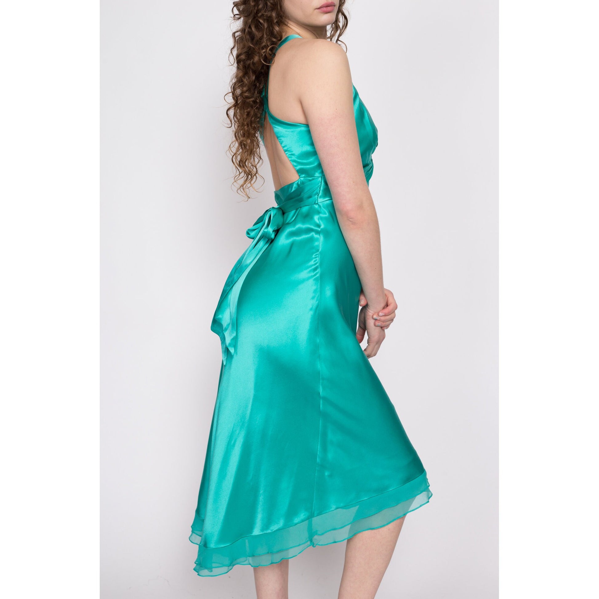 90s Vintage Teal Blue Lace Front Short Sleeve Slip Dress w/ Satin