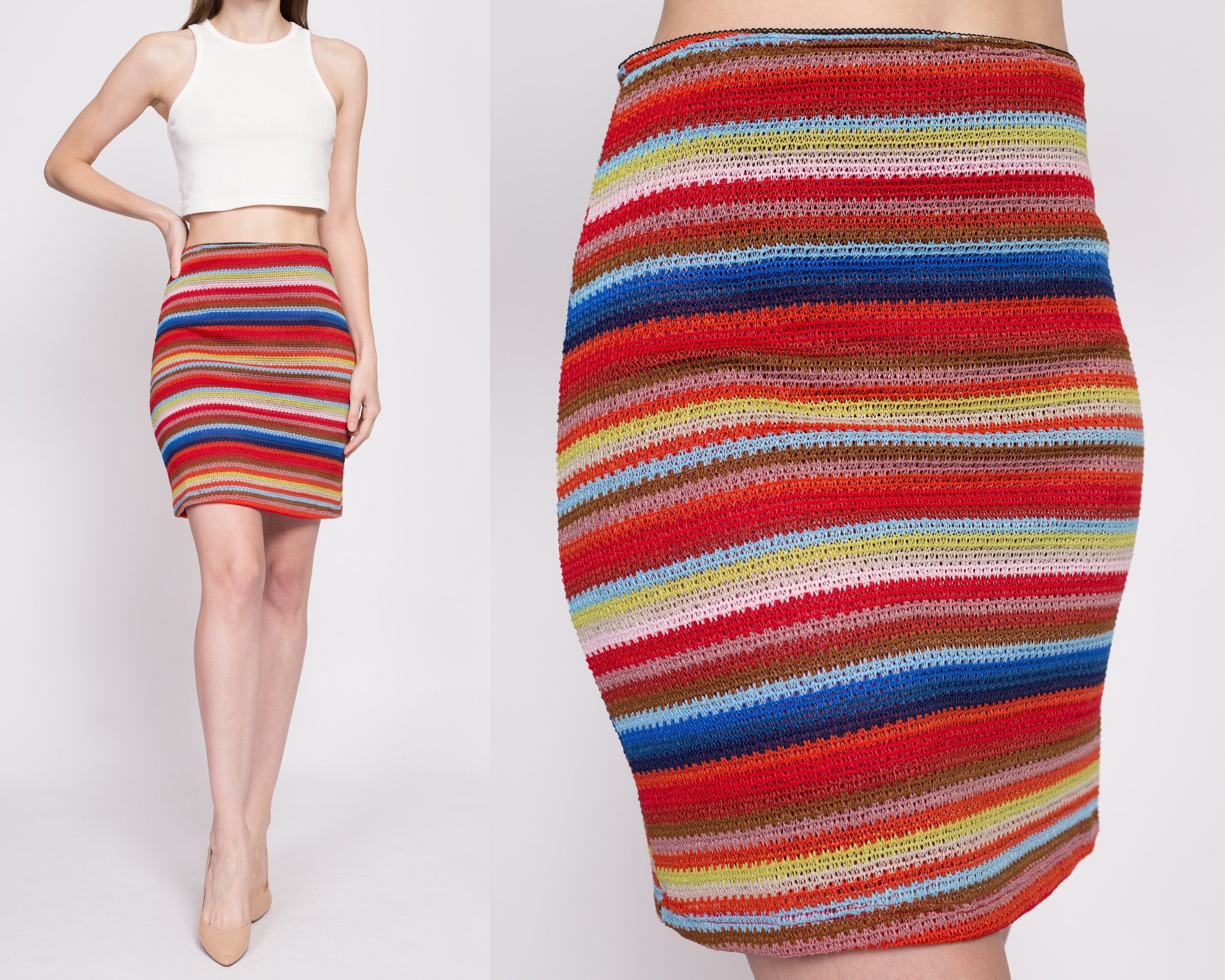 Y2K Colorful Striped Knit Mini Skirt Medium Flying Apple Vintage