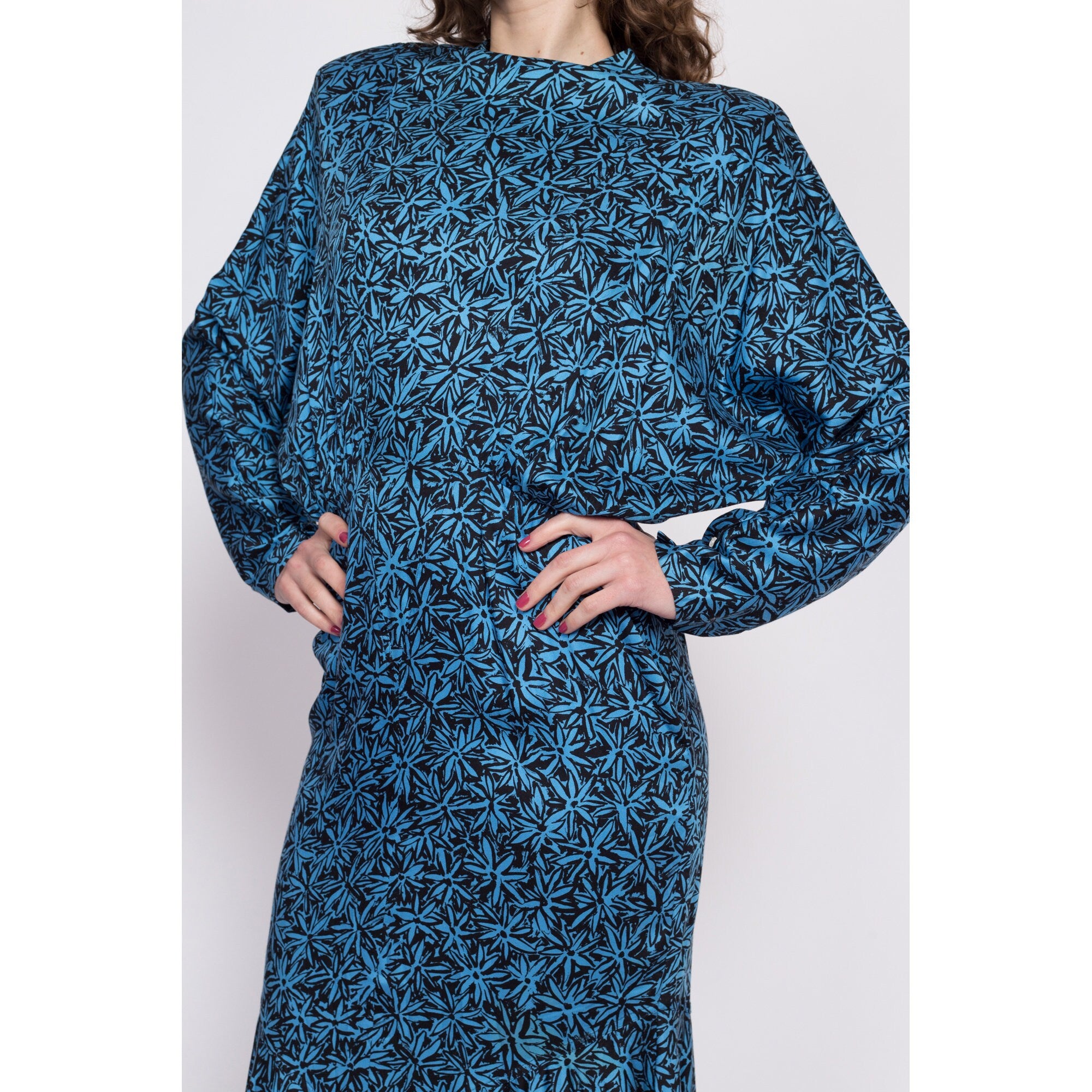 80s Nicole Miller Blue Floral Batwing Sleeve Dress Medium