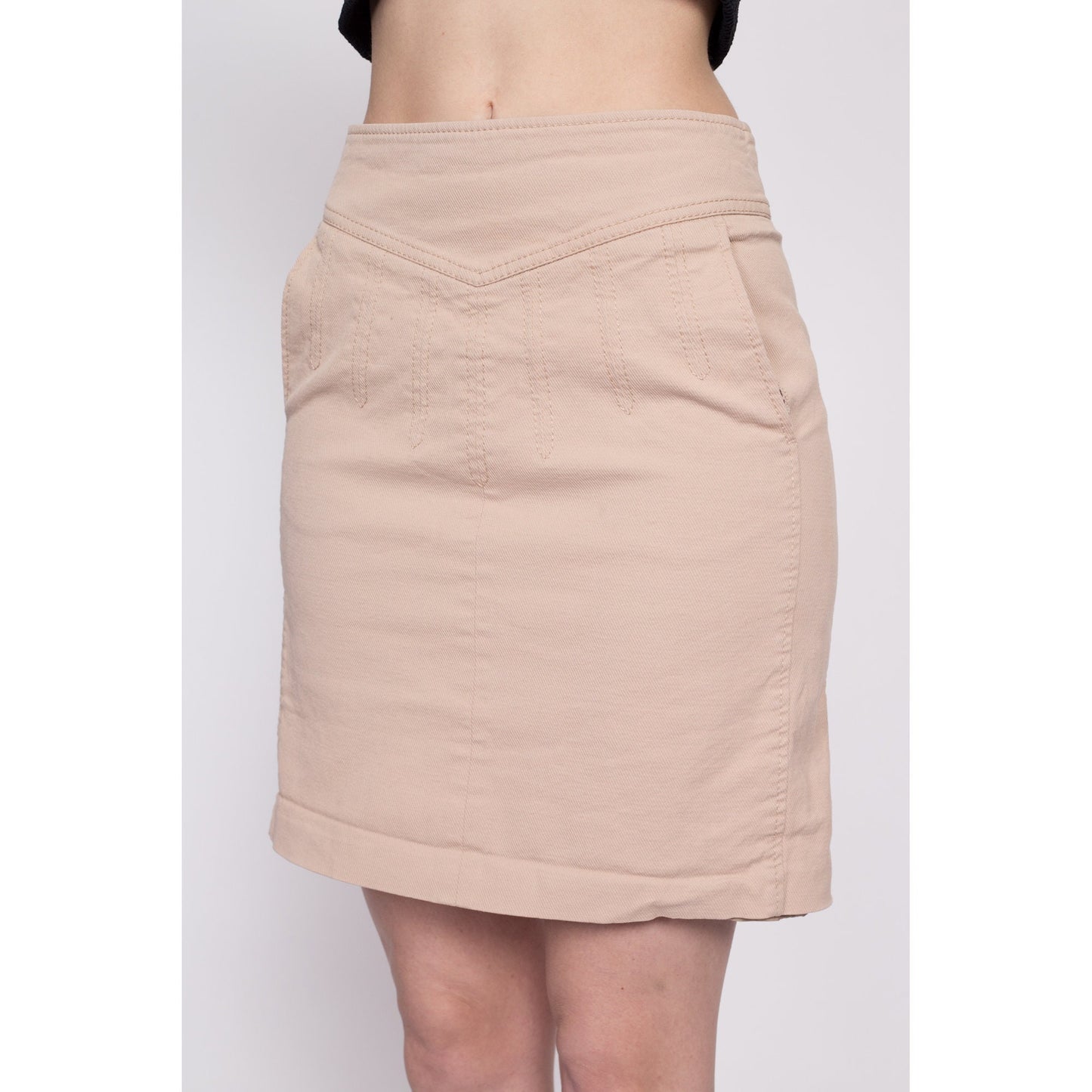 Escada Sport Khaki Mini Skirt - Small | Vintage Mid Rise Denim Pencil Miniskirt