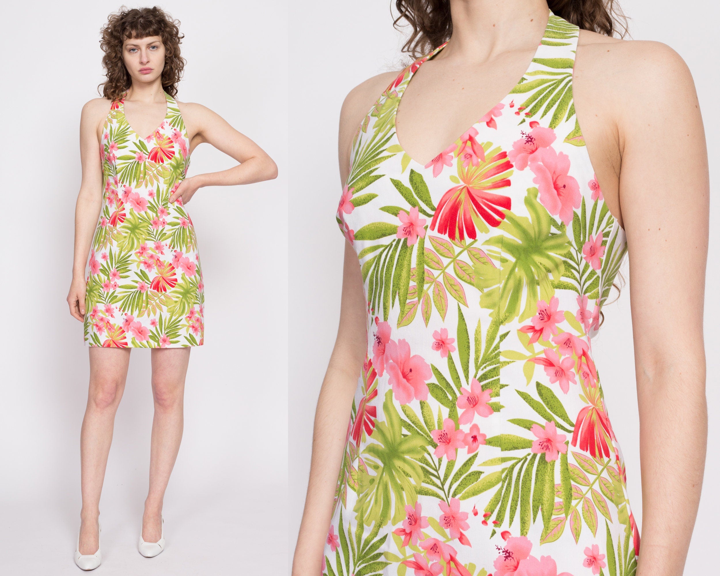 Y2K Tropical Floral Halter Mini Dress - Medium – Flying Apple Vintage