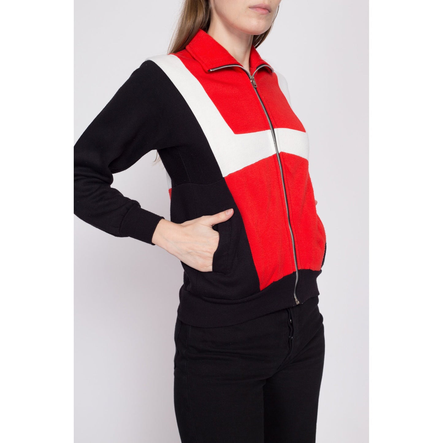 80s Color Block Track Jacket - Extra Small | Vintage Red Black Retro Zip Up Sweatshirt