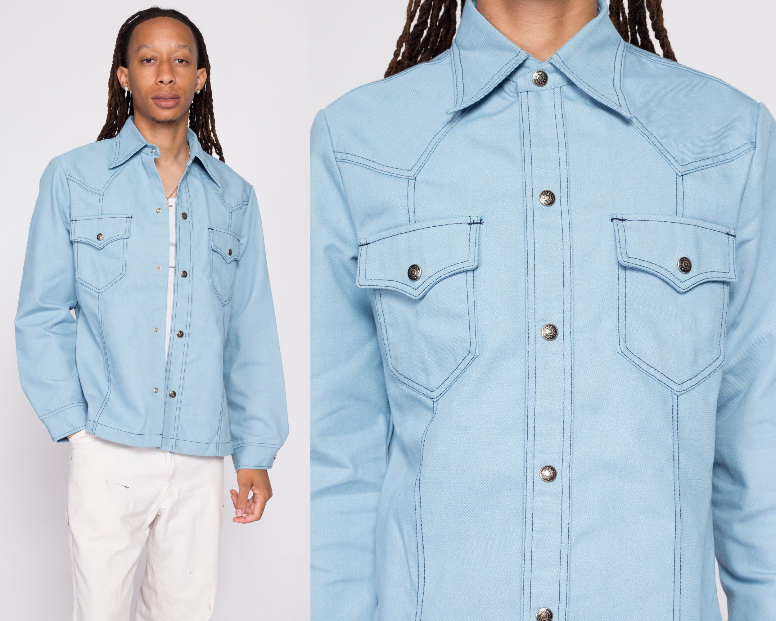 70s Light Blue Shirt Jacket - Men's Medium