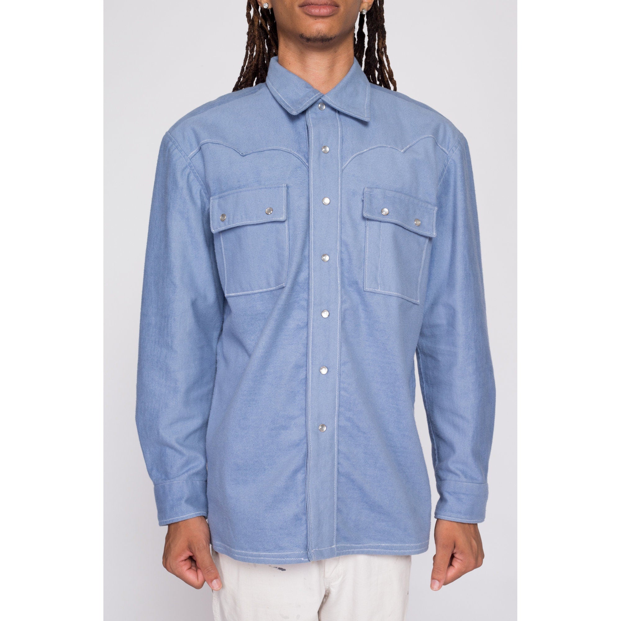 70s Blue Western Pearl Snap Shirt Jacket - Men's Large – Flying