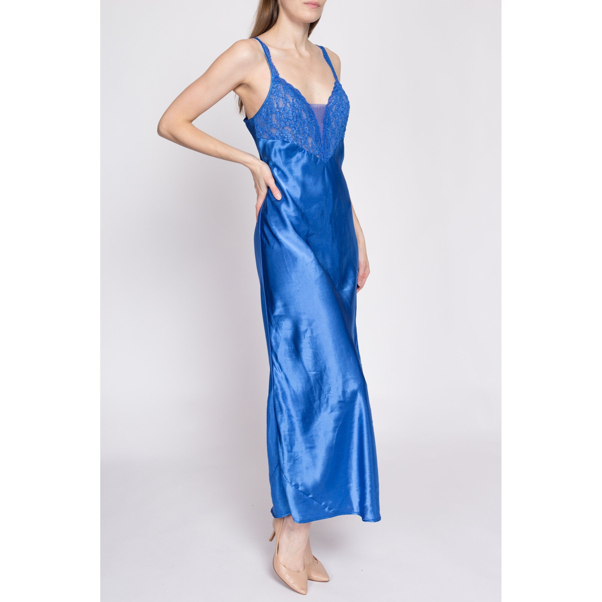 80s Victoria s Secret Blue Satin Nightgown Small Flying Apple