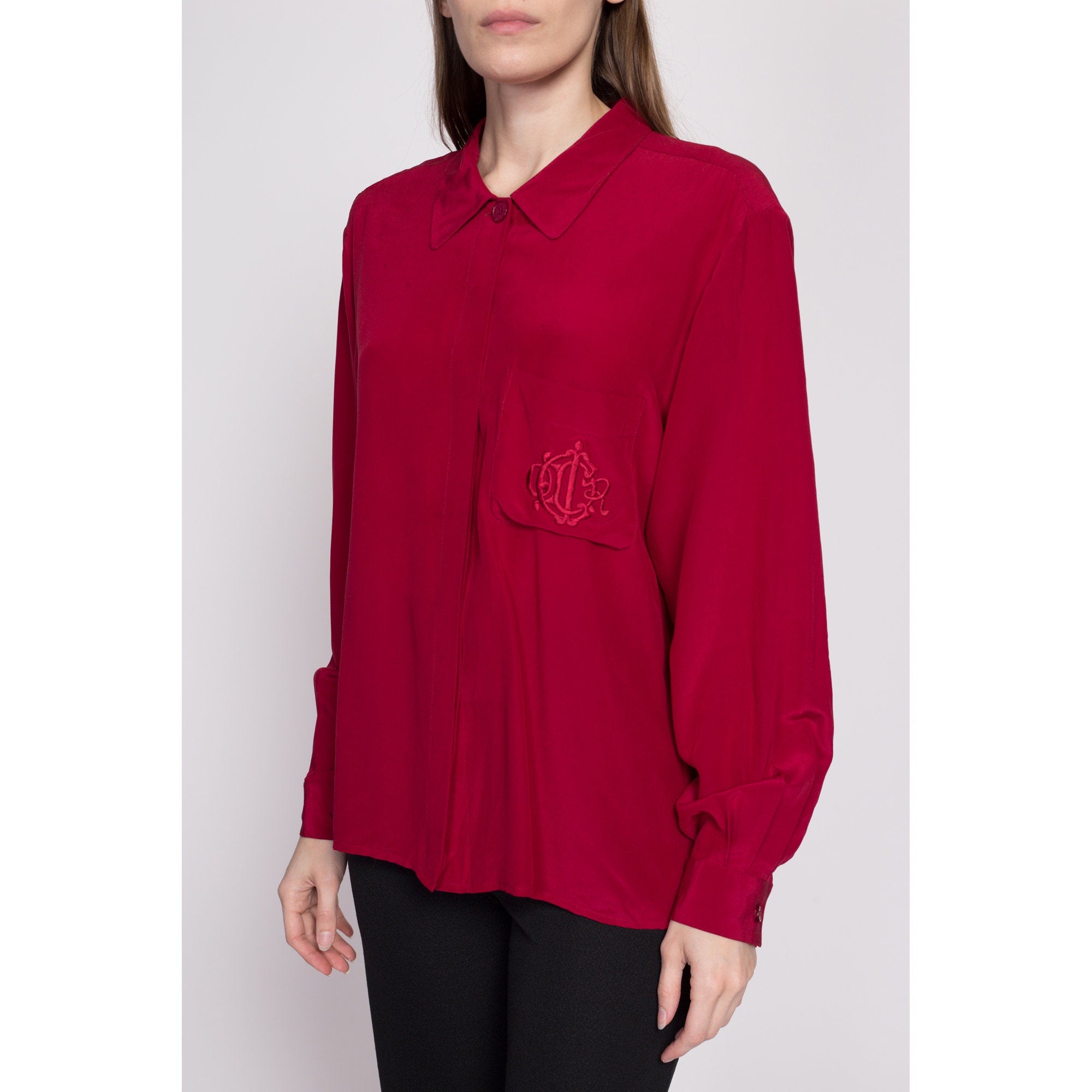 80s Christian Dior Chemises Wine Red Silk Blouse, As Is - Large