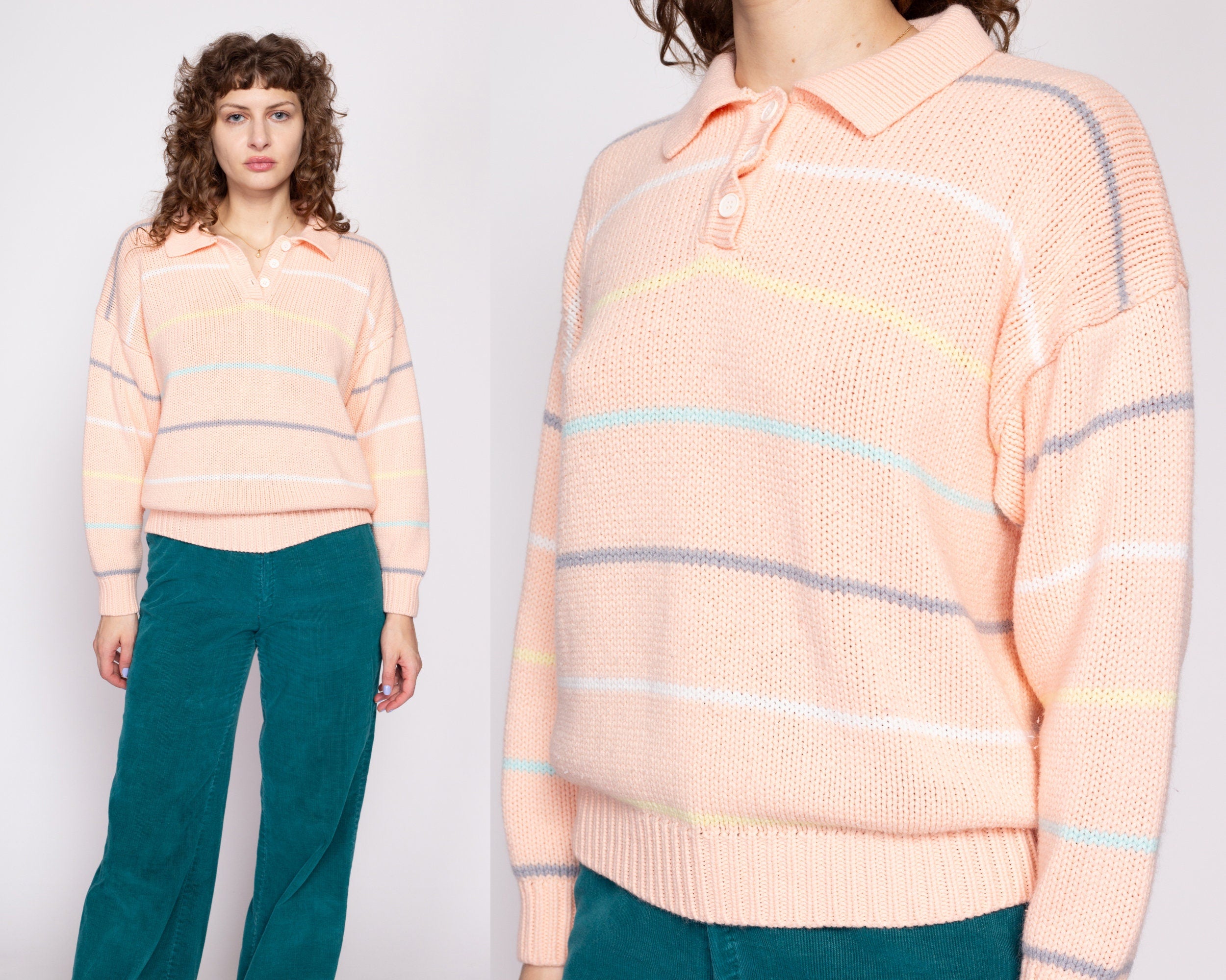 80s Striped Pastel Orange Henley Sweater - Medium – Flying Apple